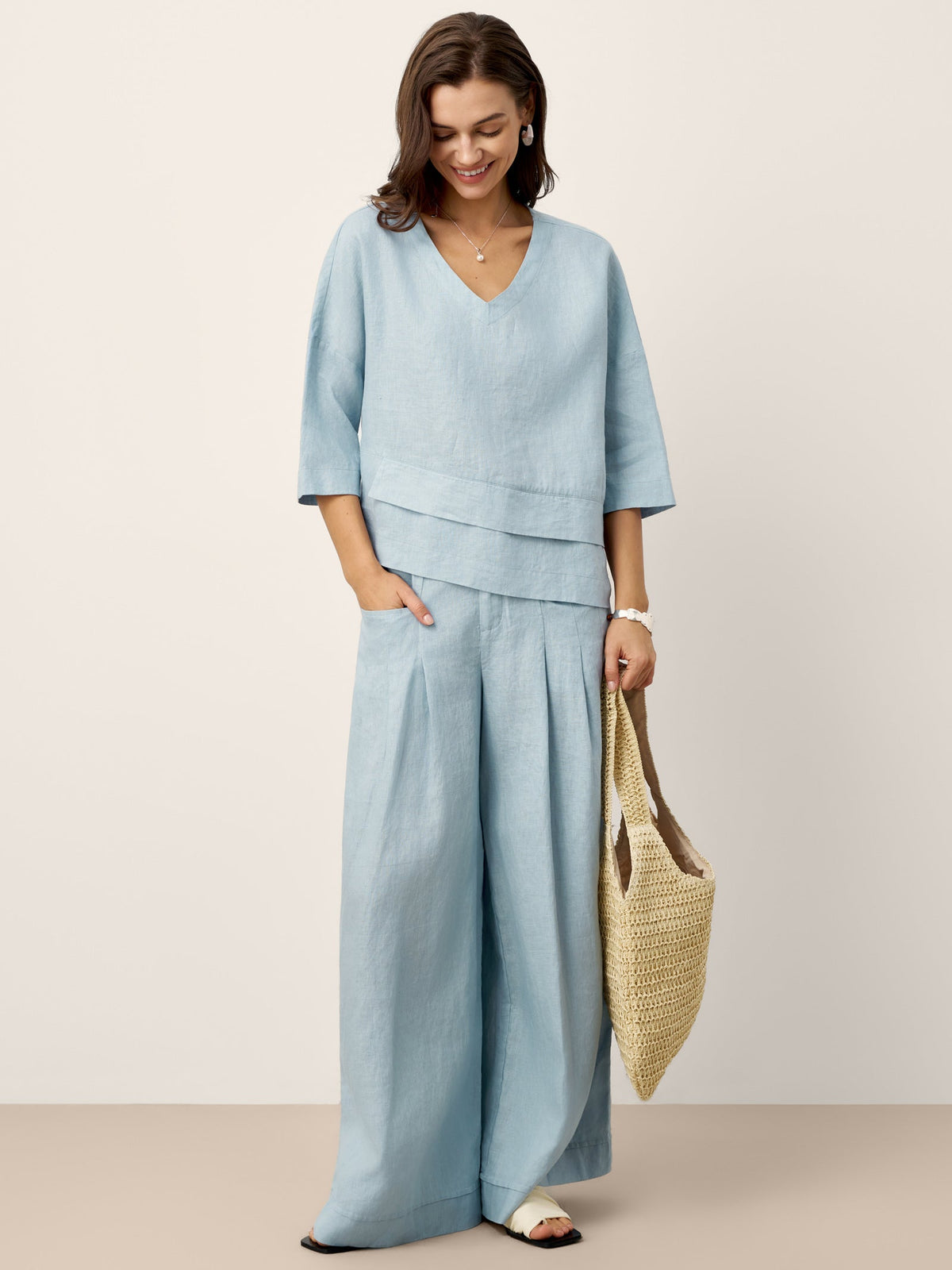 100% Linen Sculpted Pleat Elasticated Back Relaxed Pants VERIDIANA slacks
