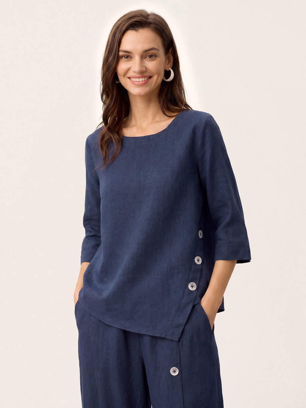 100% Linen Asymmetric-Hem Button-Trim Top NYLA Navy Blue Shirt Lintico