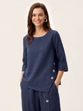 100% Linen Asymmetric-Hem Button-Trim Top NYLA Navy Blue Shirt Lintico
