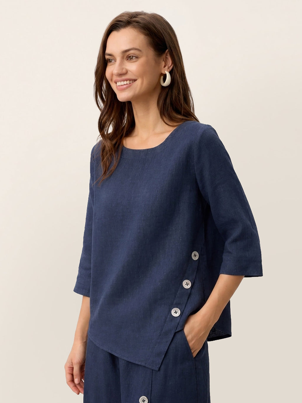 100% Linen Asymmetric-Hem Button-Trim Top NYLA Navy Blue Shirt Lintico