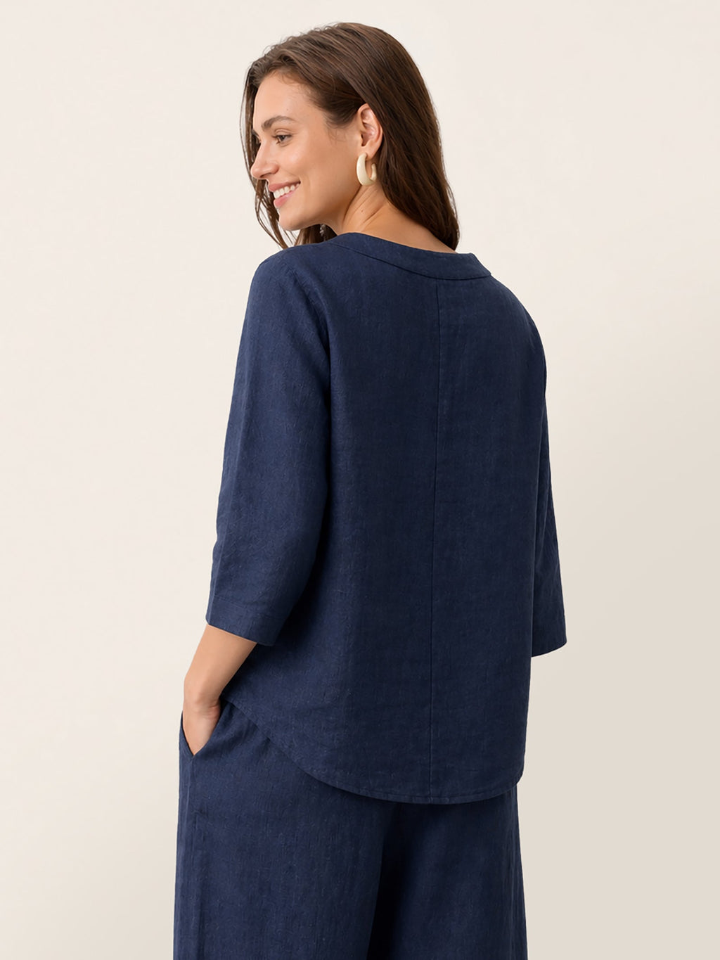 100% Linen Asymmetric-Hem Button-Trim Top NYLA Navy Blue Shirt Lintico