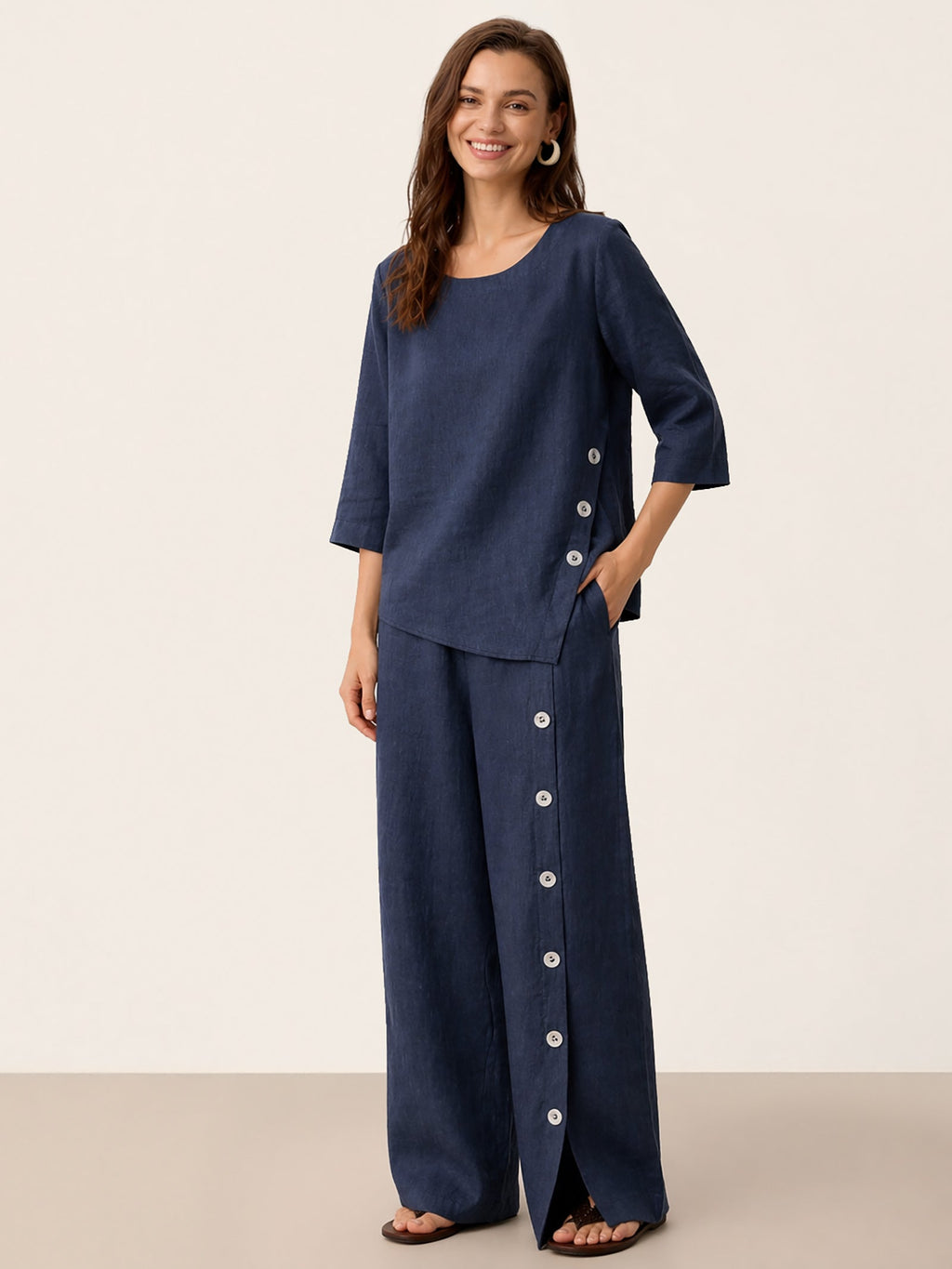 100% Linen Asymmetric-Hem Button-Trim Top NYLA Navy Blue Shirt Lintico