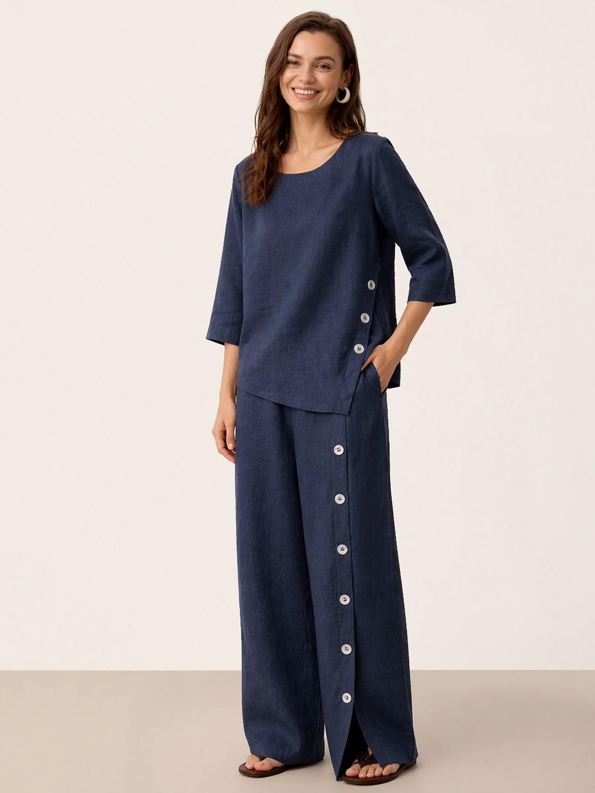 100% Linen Asymmetric-Hem Button-Trim Top NYLA Navy Blue Shirt Lintico