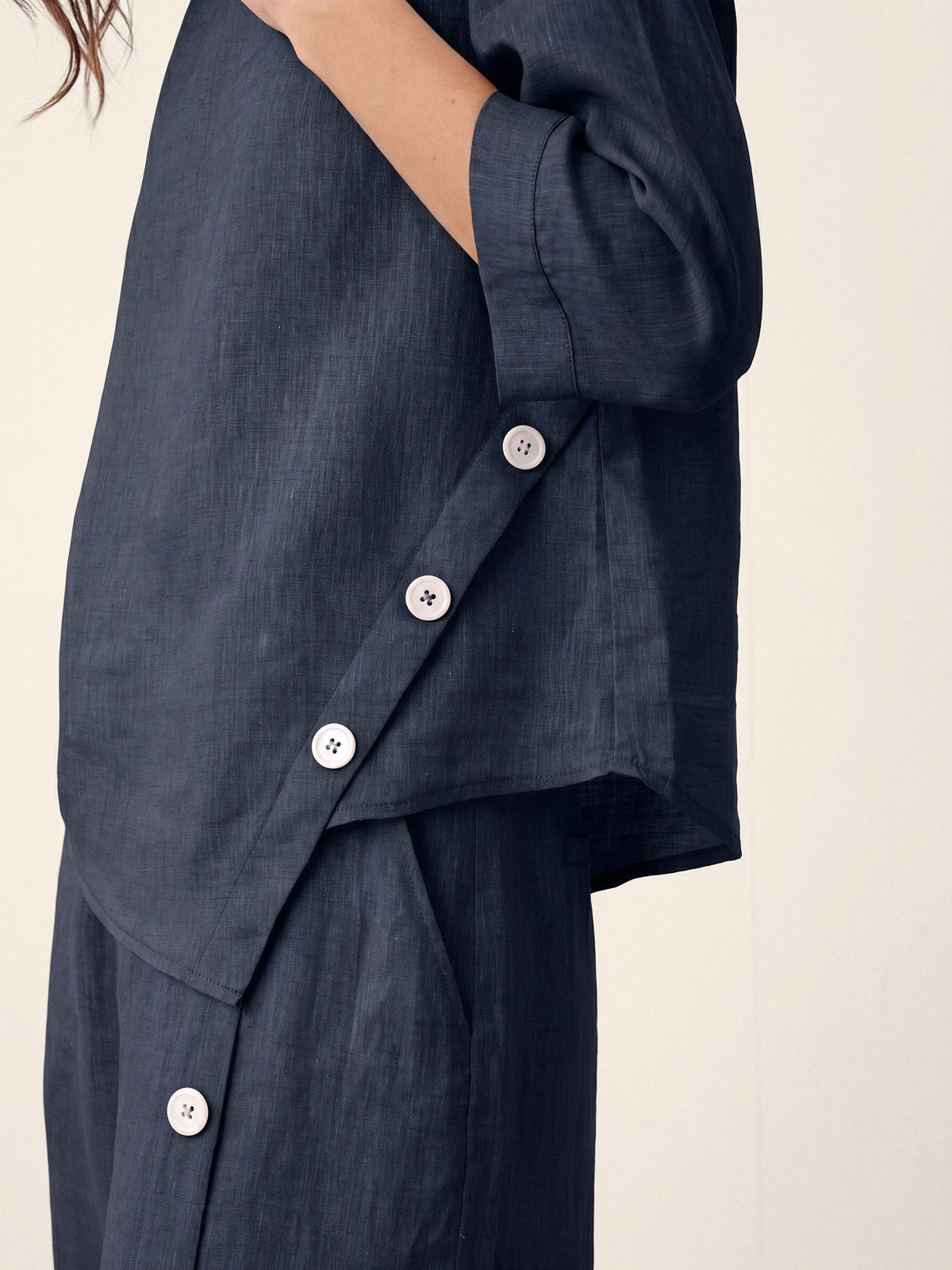 100% Linen Asymmetric-Hem Button-Trim Top NYLA Navy Blue Shirt Lintico
