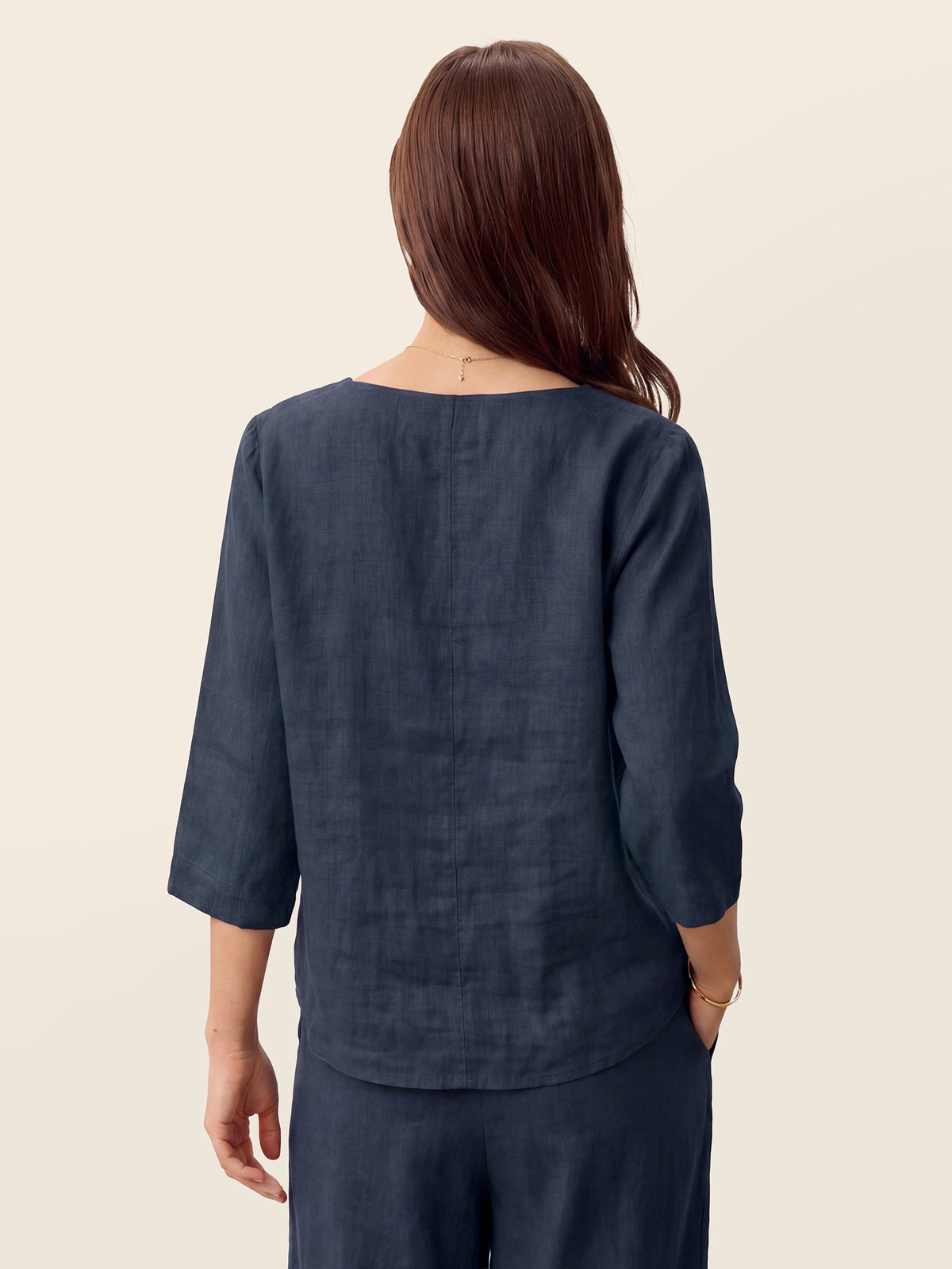 100% Linen Asymmetric-Hem Button-Trim Top NYLA Navy Blue Shirt Lintico
