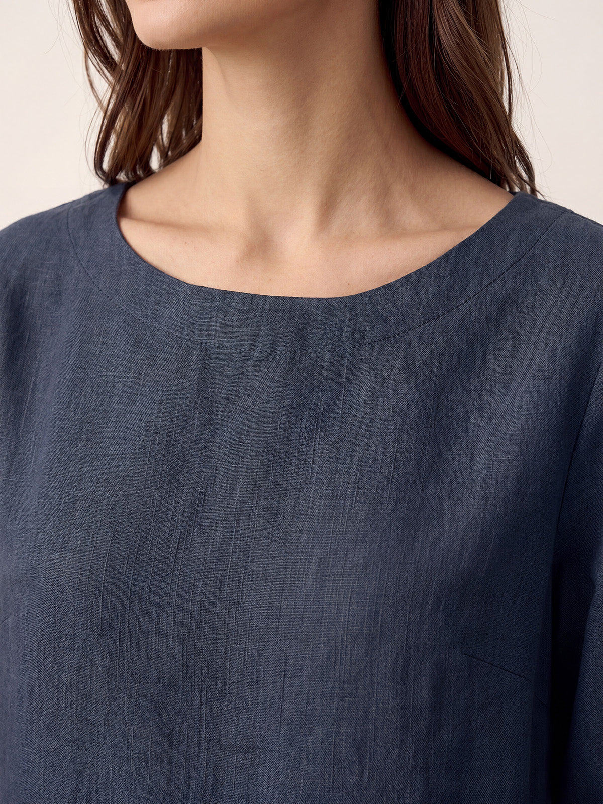 100% Linen Asymmetric-Hem Button-Trim Top NYLA Navy Blue Shirt Lintico