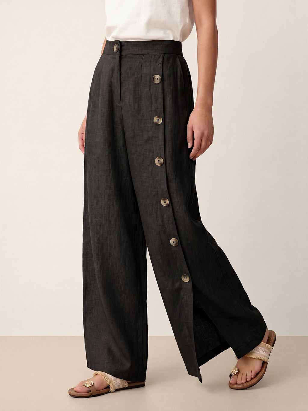 100% Linen Buttoned Slit-Hem Pants KATYA Slacks Black