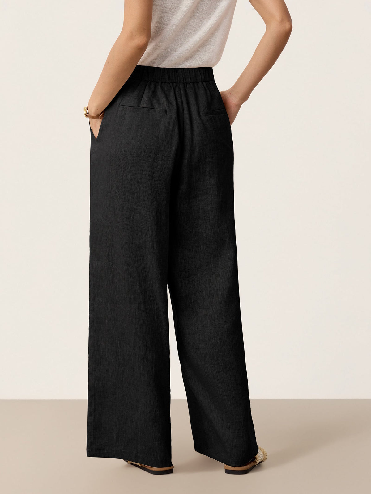 100% Linen Buttoned Slit-Hem Pants KATYA Slacks Black