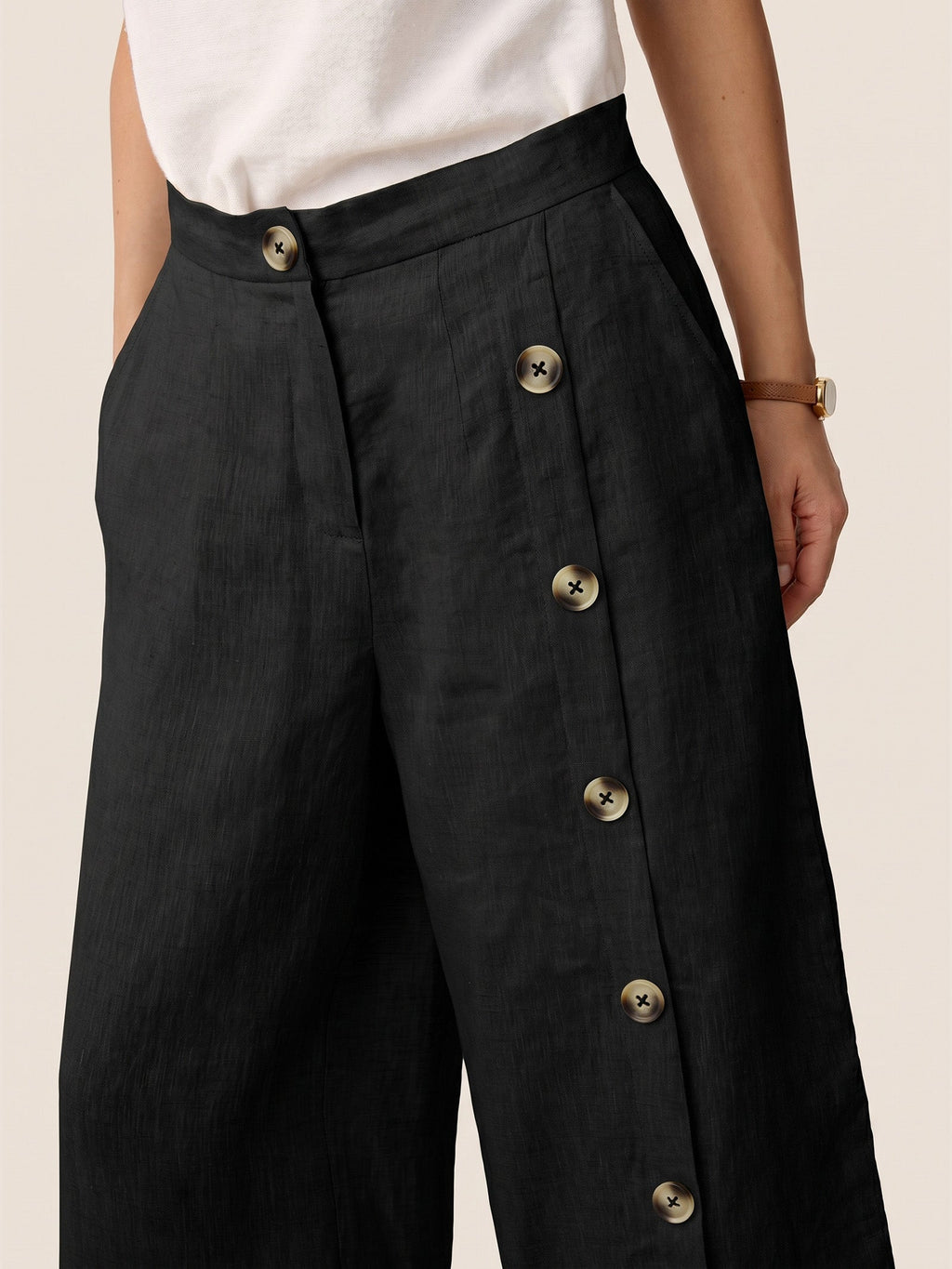 100% Linen Buttoned Slit-Hem Pants KATYA Slacks Black