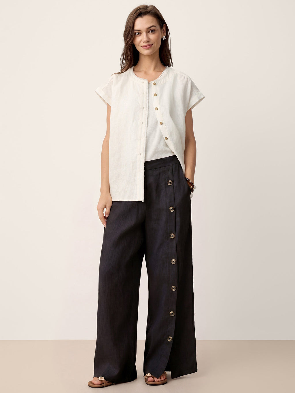 100% Linen Buttoned Slit-Hem Pants KATYA Slacks Black