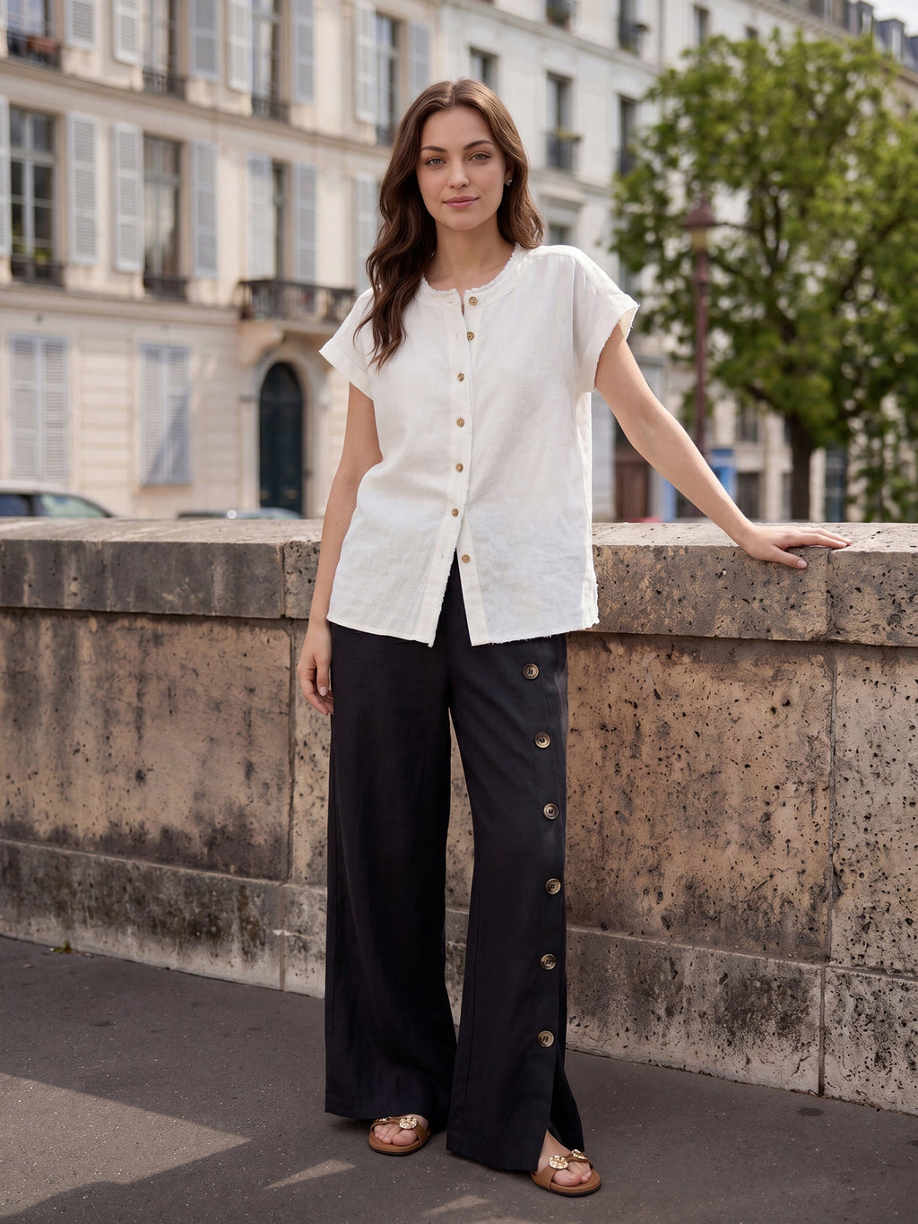 100% Linen Buttoned Slit-Hem Pants KATYA Slacks Black