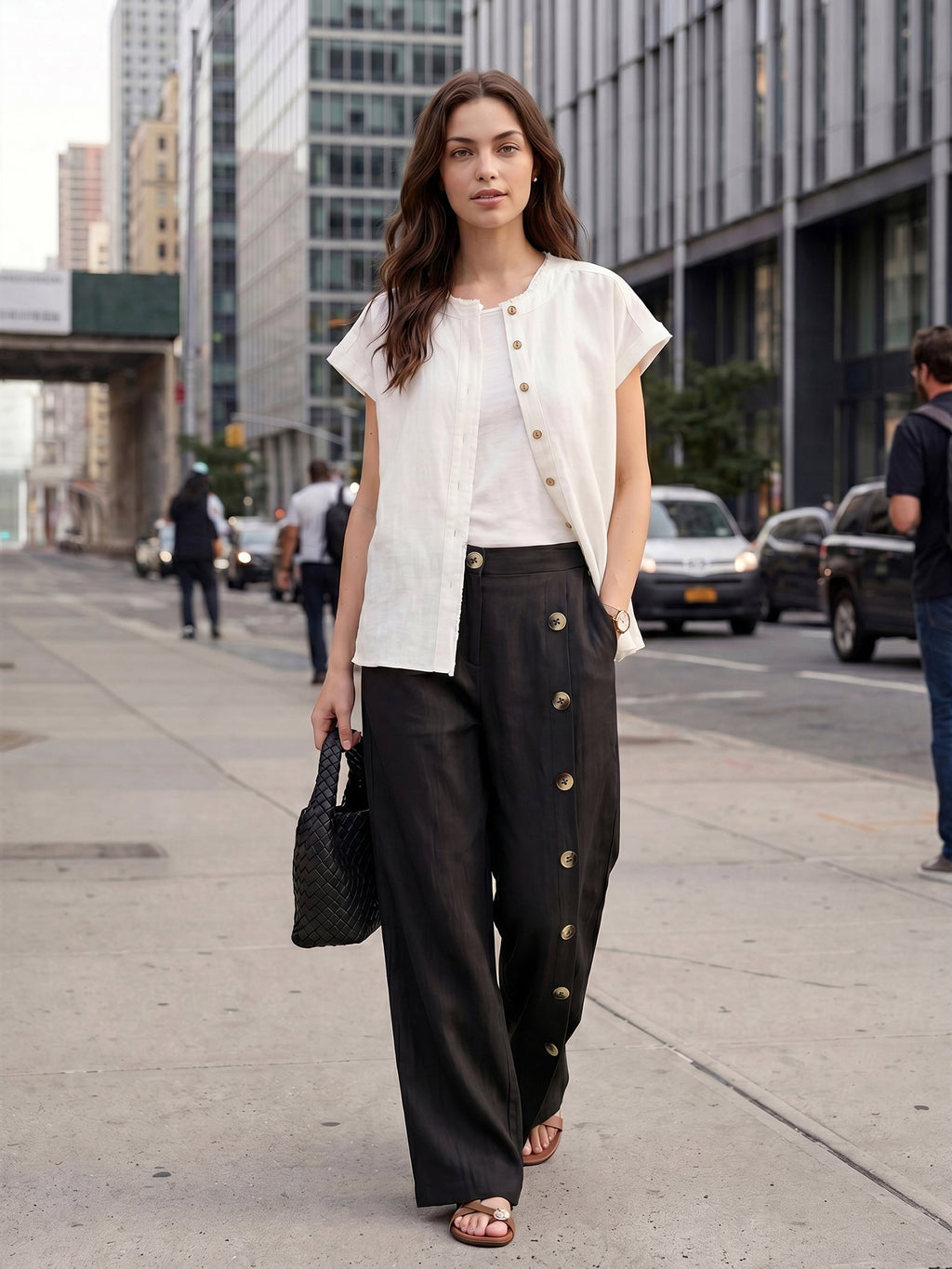 100% Linen Buttoned Slit-Hem Pants KATYA Slacks Black