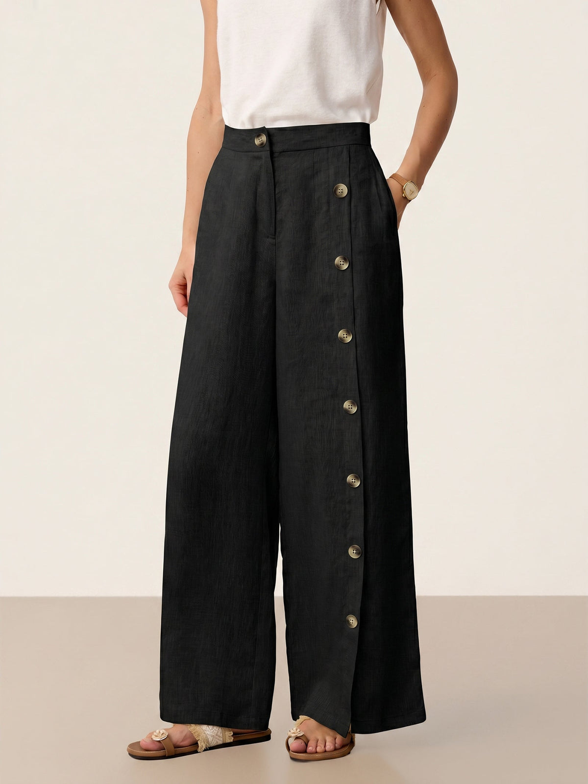 100% Linen Buttoned Slit-Hem Pants KATYA Slacks Black