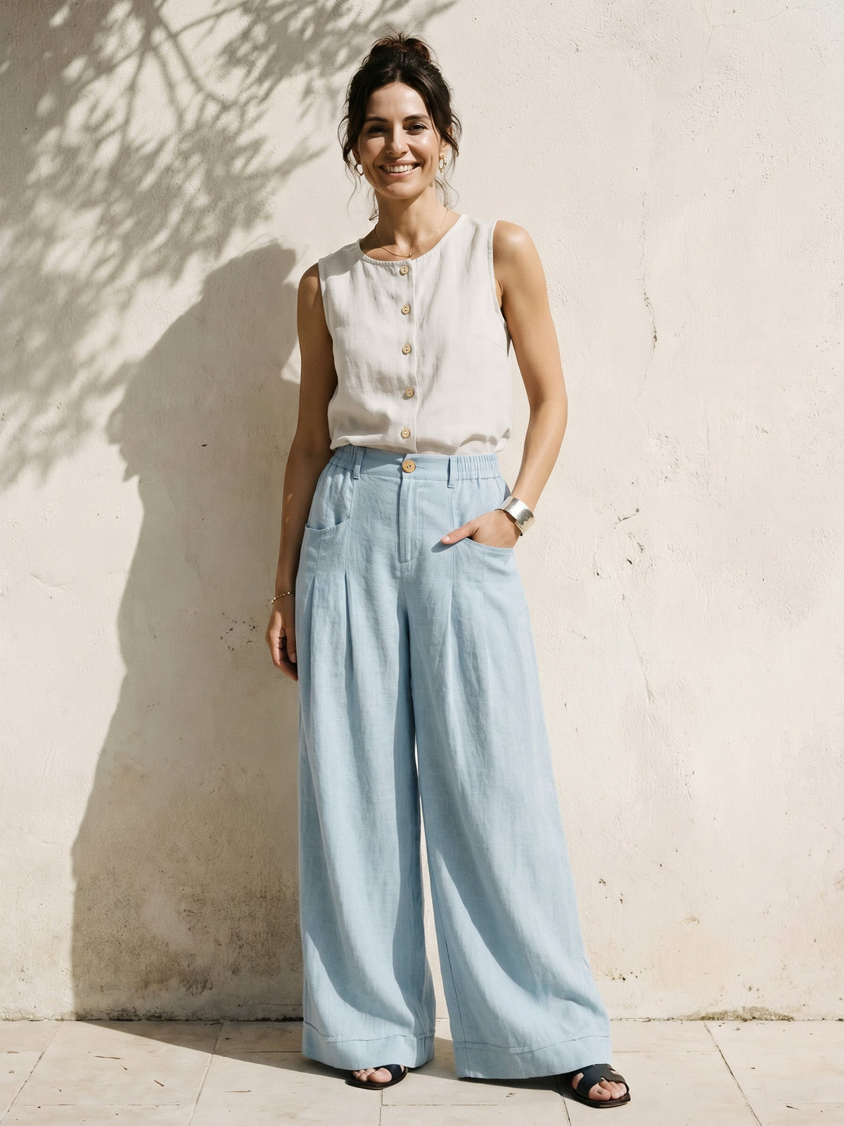 100% Linen Sculpted Pleat Elasticated Back Relaxed Pants VERIDIANA slacks