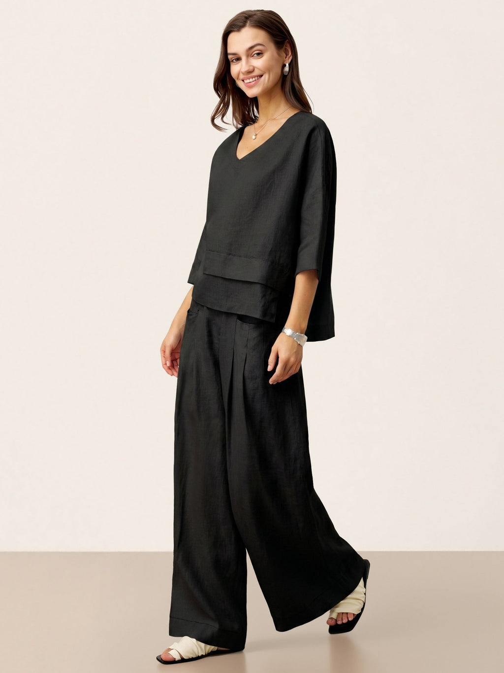 100% Linen Sculpted Pleat Elasticated Back Relaxed Pants VERIDIANA slacks