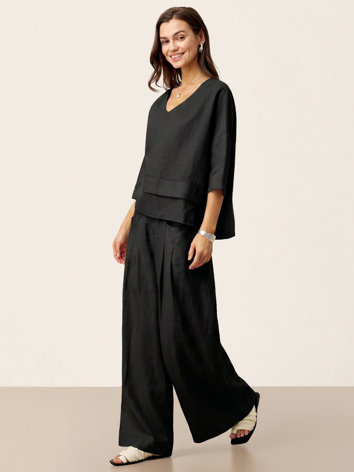 100% Linen Sculpted Pleat Elasticated Back Relaxed Pants VERIDIANA slacks