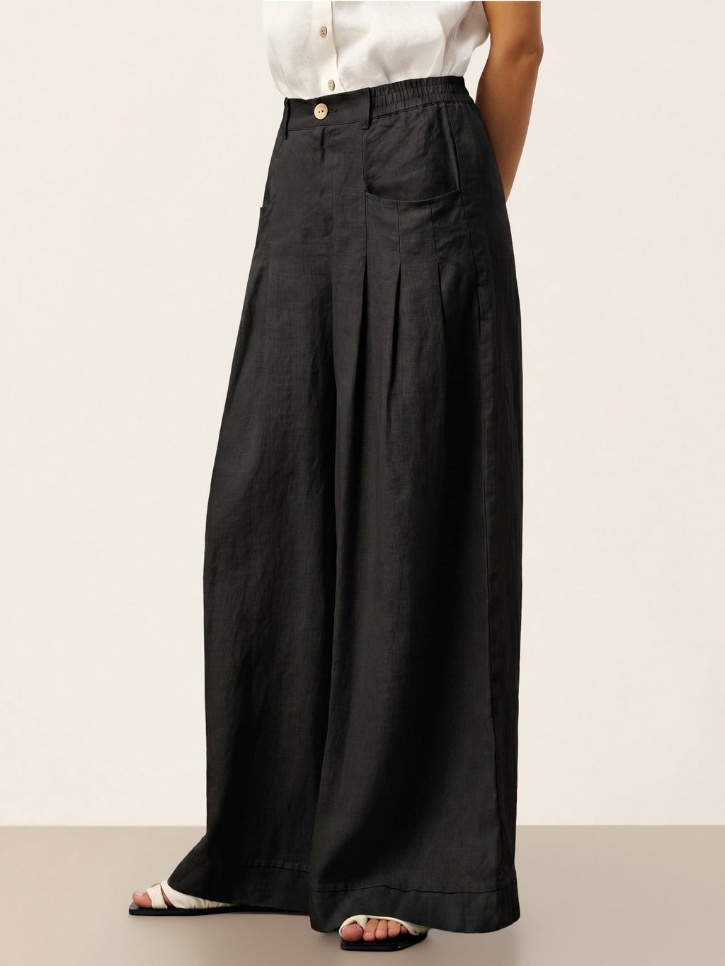 100% Linen Sculpted Pleat Elasticated Back Relaxed Pants VERIDIANA slacks