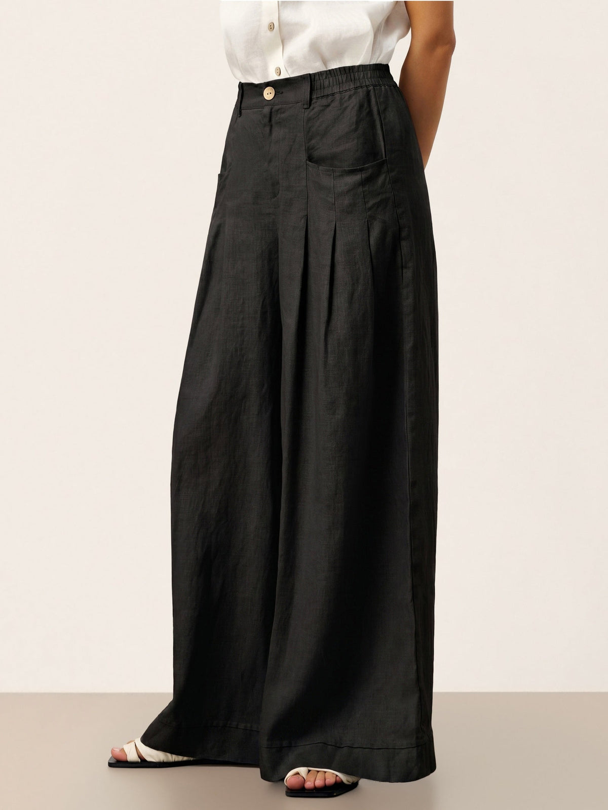 100% Linen Sculpted Pleat Elasticated Back Relaxed Pants VERIDIANA slacks