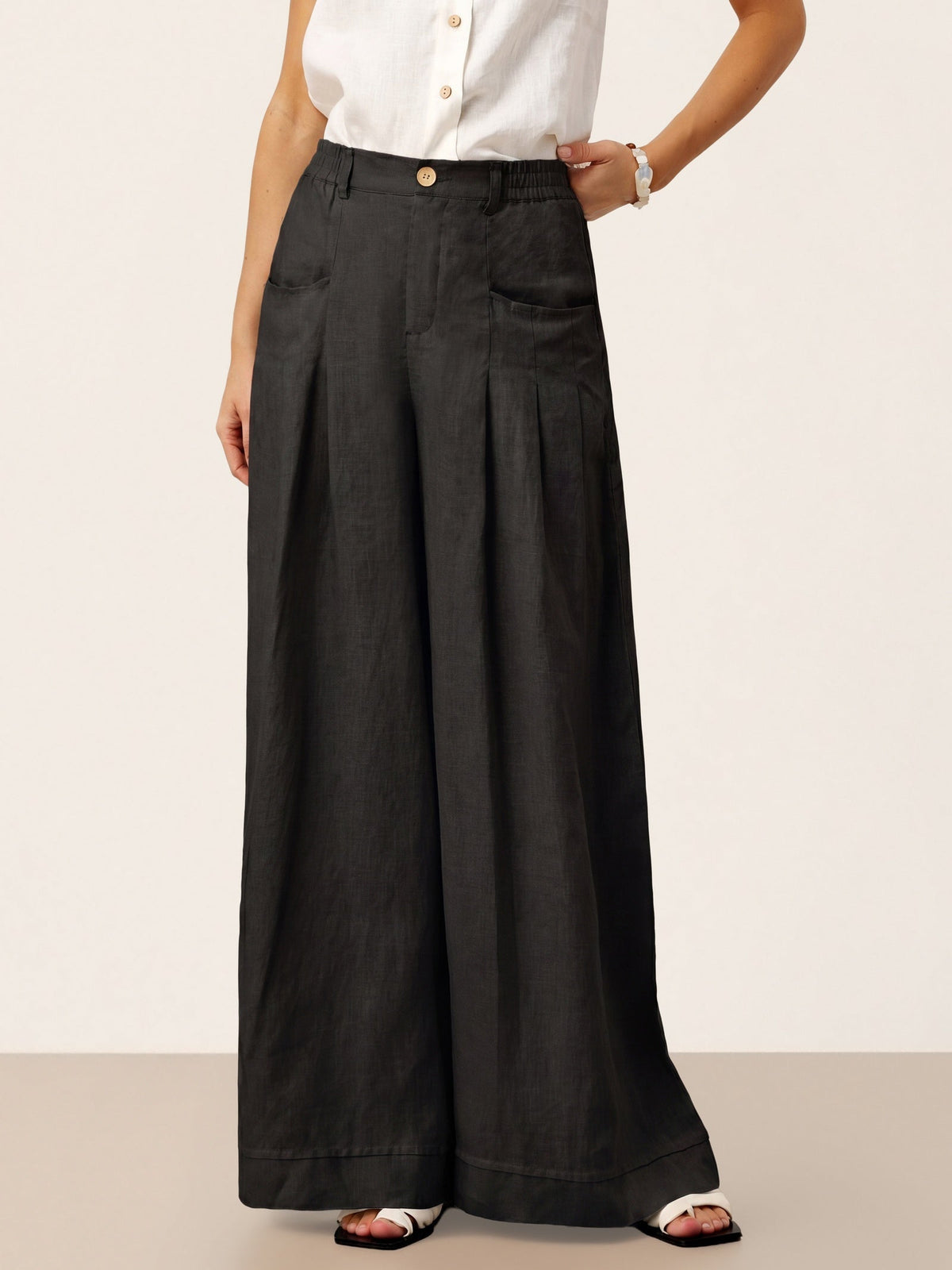 100% Linen Sculpted Pleat Elasticated Back Relaxed Pants VERIDIANA slacks