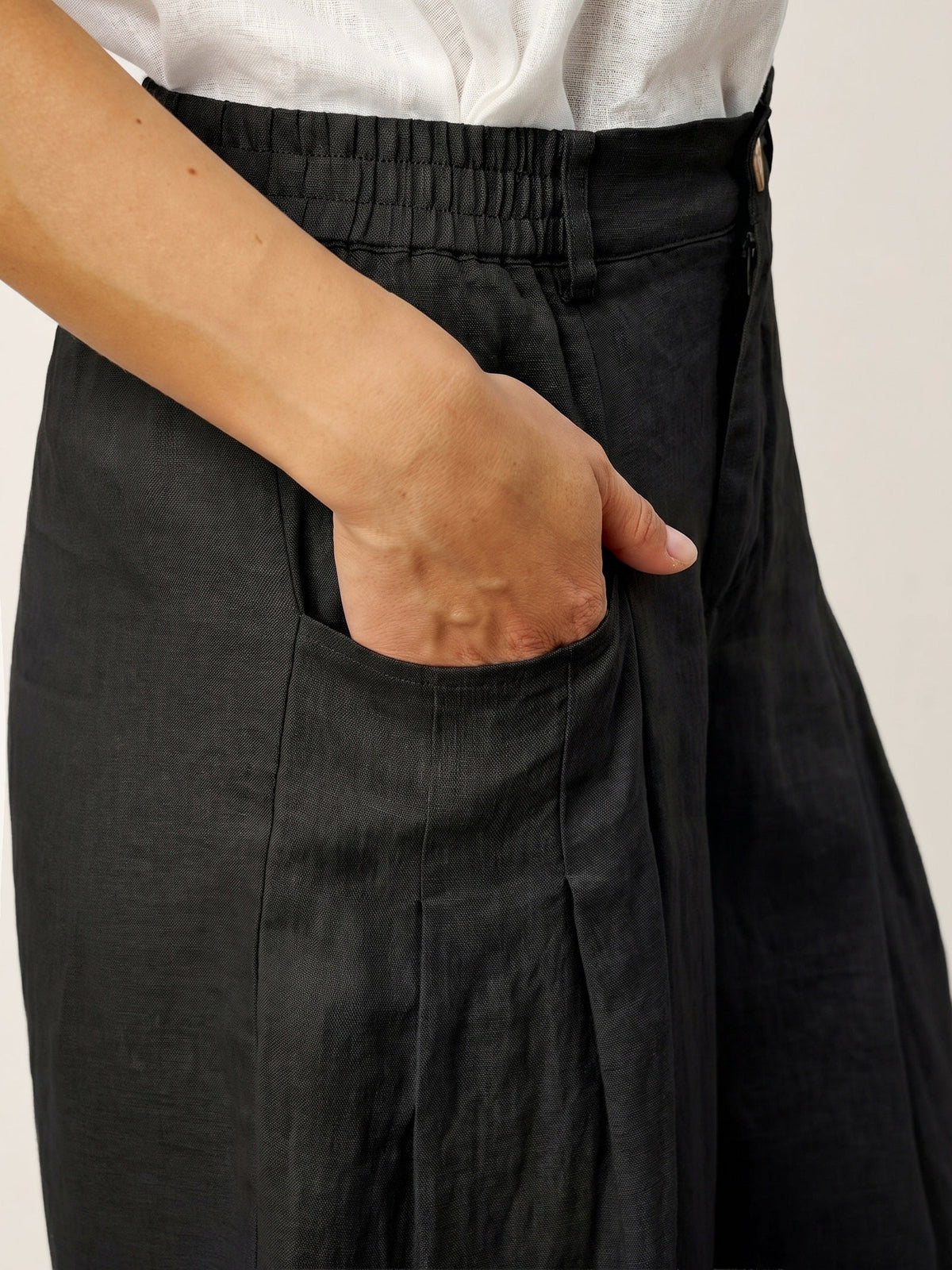 100% Linen Sculpted Pleat Elasticated Back Relaxed Pants VERIDIANA slacks