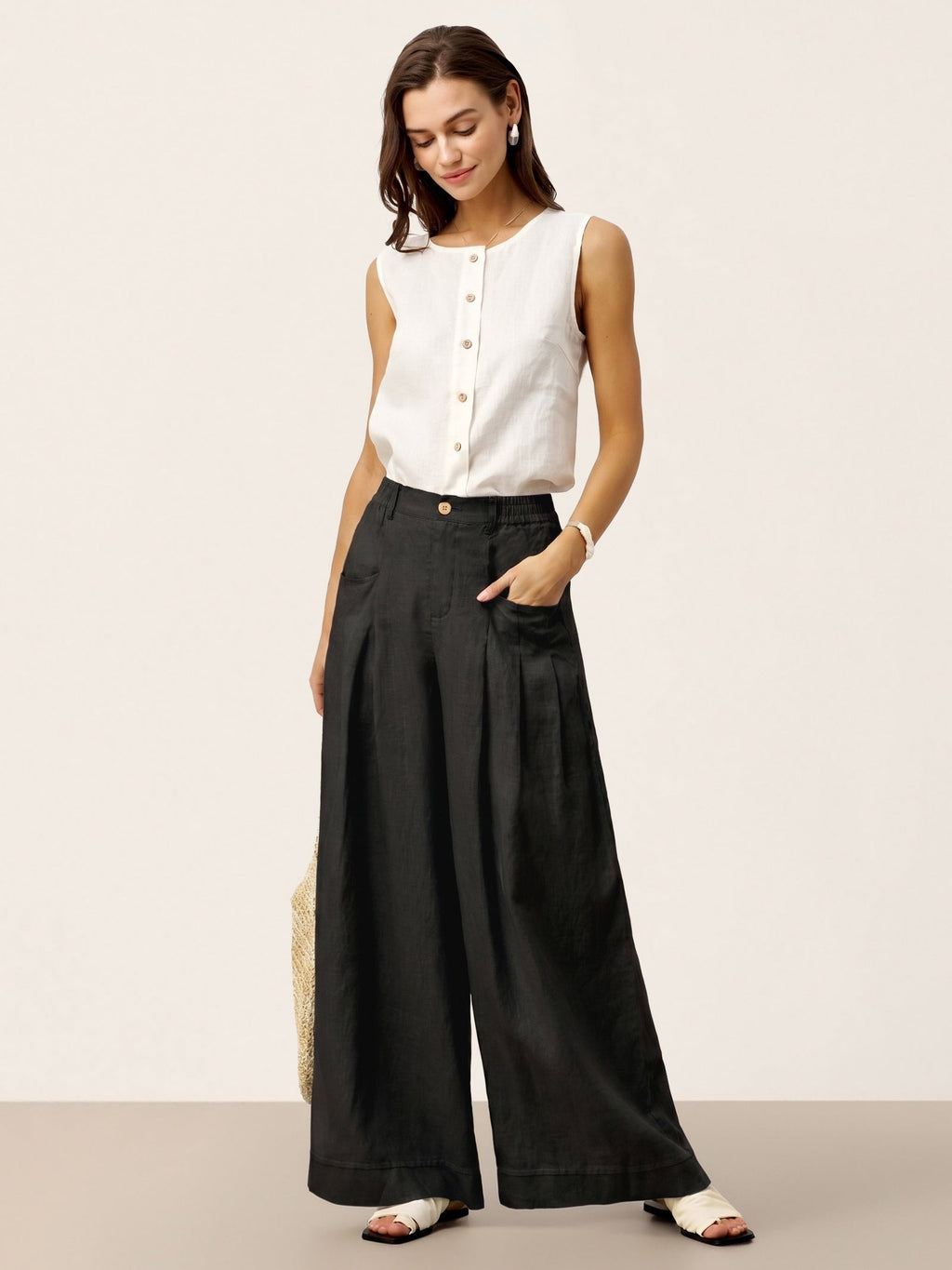 100% Linen Sculpted Pleat Elasticated Back Relaxed Pants VERIDIANA slacks