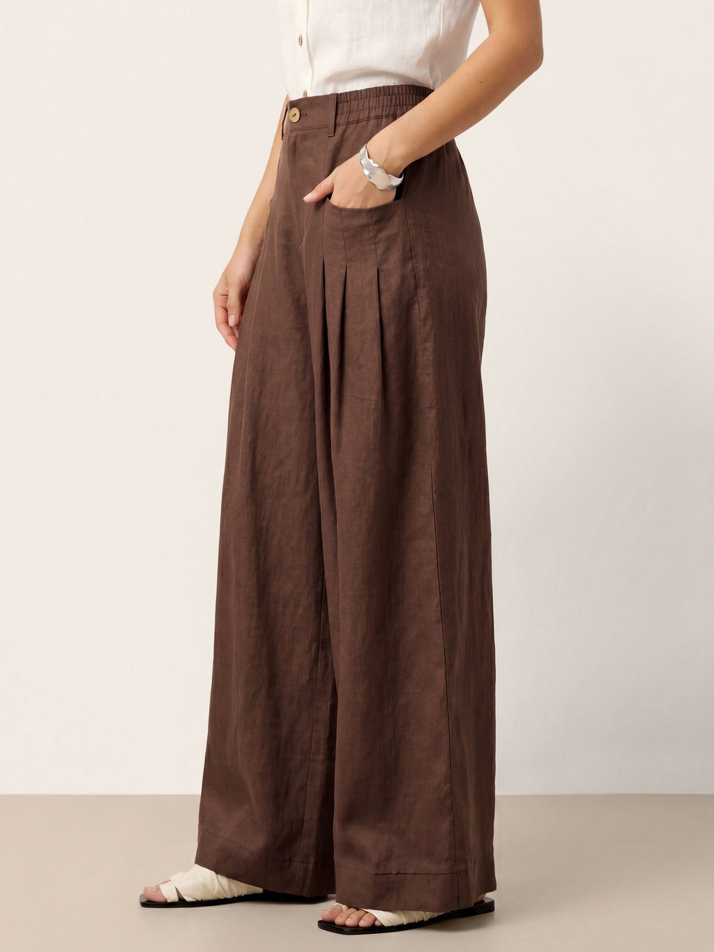 100% Linen Sculpted Pleat Elasticated Back Relaxed Pants VERIDIANA slacks