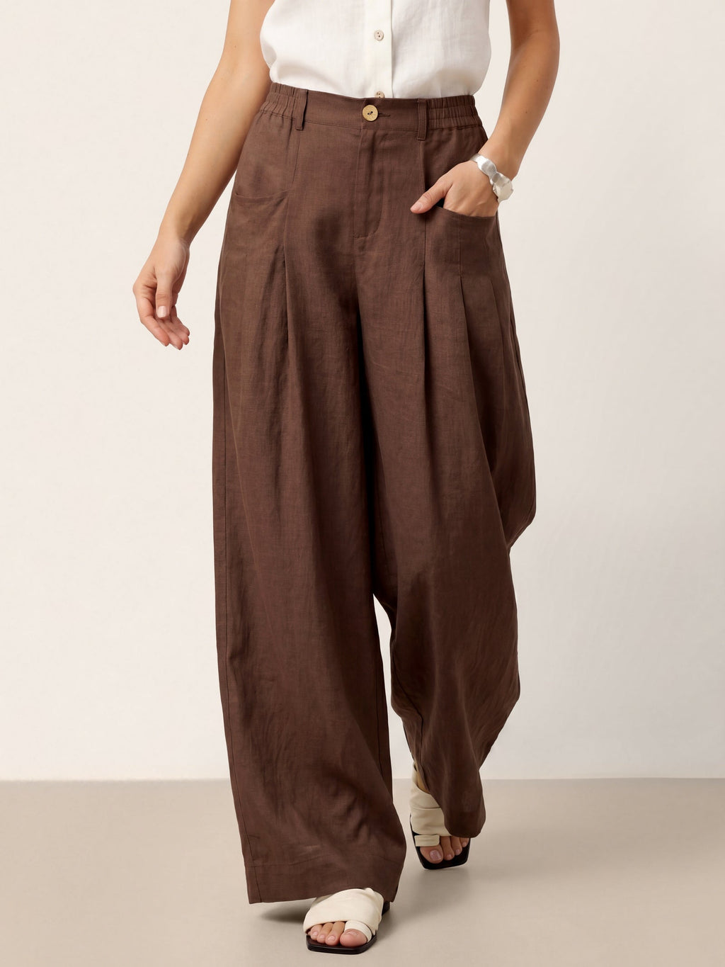 100% Linen Sculpted Pleat Elasticated Back Relaxed Pants VERIDIANA slacks
