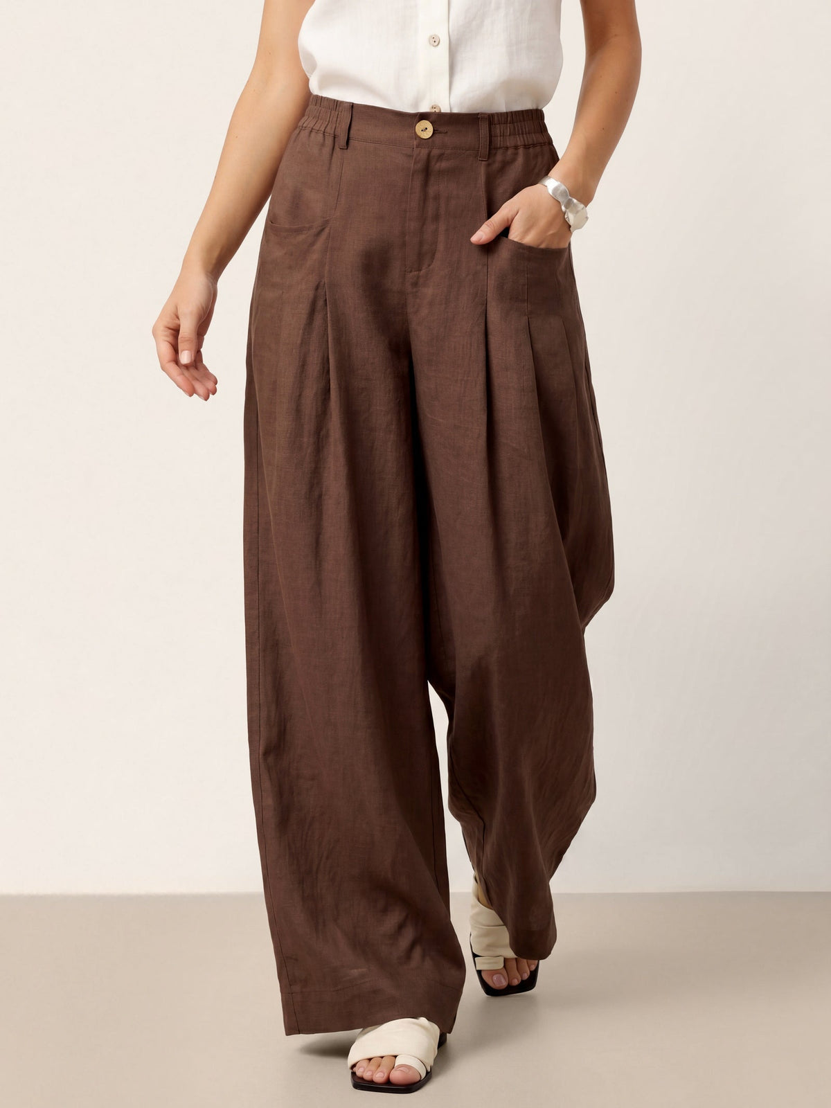 100% Linen Sculpted Pleat Elasticated Back Relaxed Pants VERIDIANA slacks