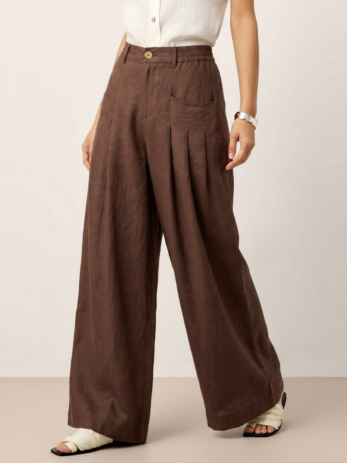 100% Linen Sculpted Pleat Elasticated Back Relaxed Pants VERIDIANA slacks
