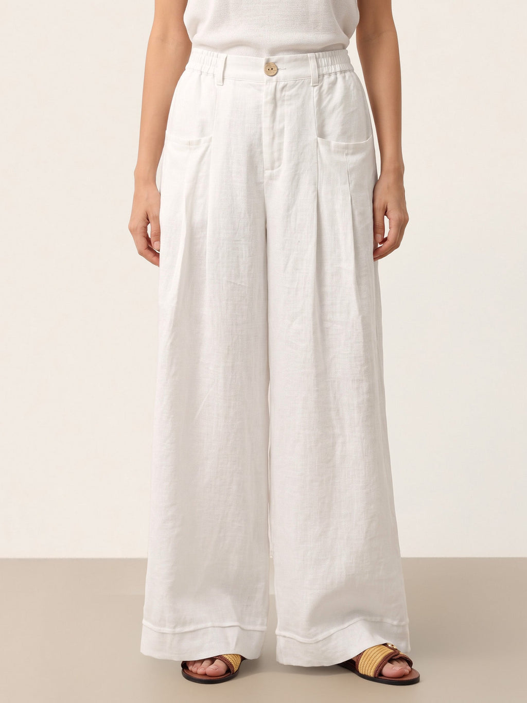 100% Linen Sculpted Pleat Elasticated Back Relaxed Pants VERIDIANA slacks