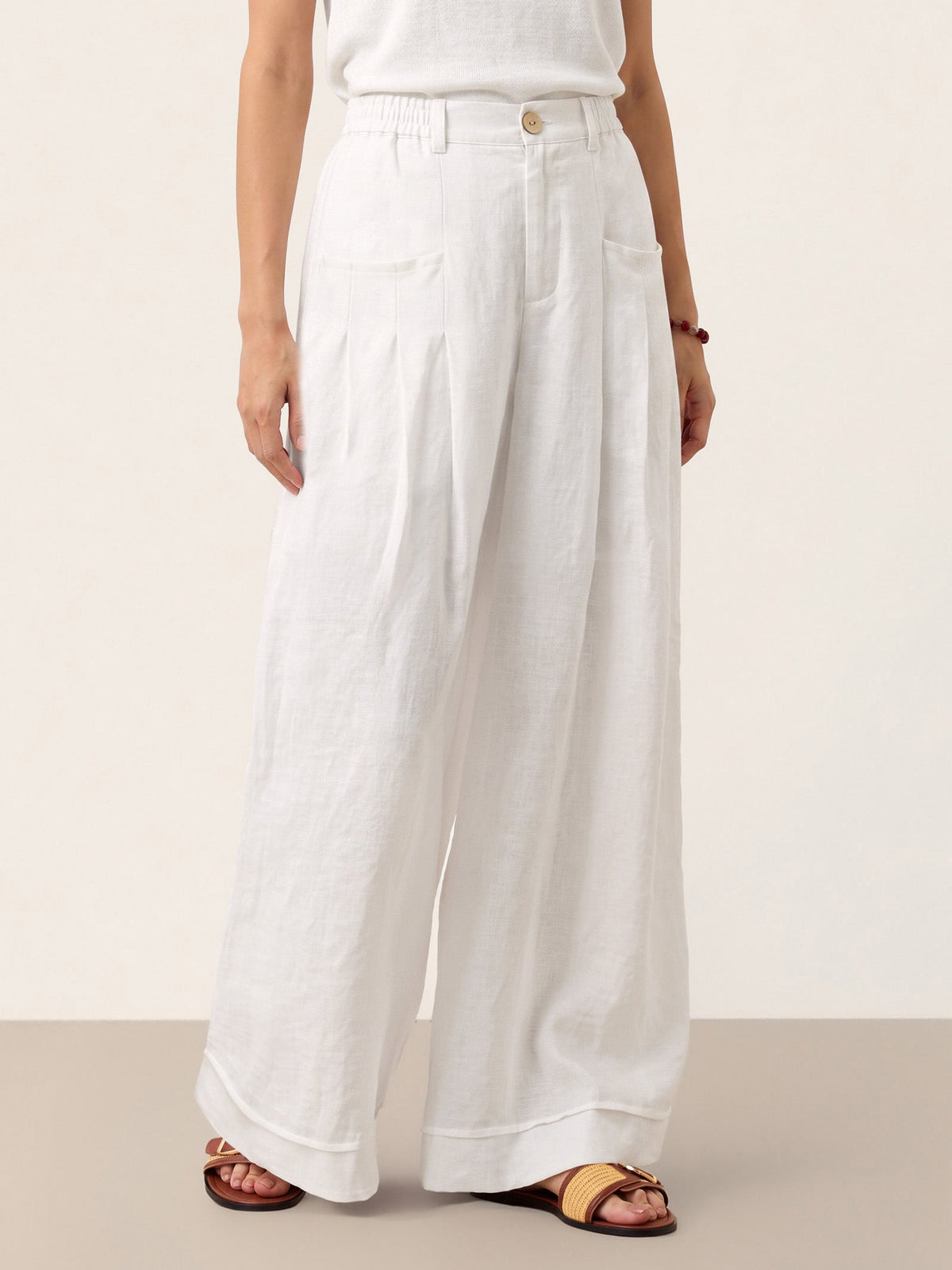 100% Linen Sculpted Pleat Elasticated Back Relaxed Pants VERIDIANA slacks