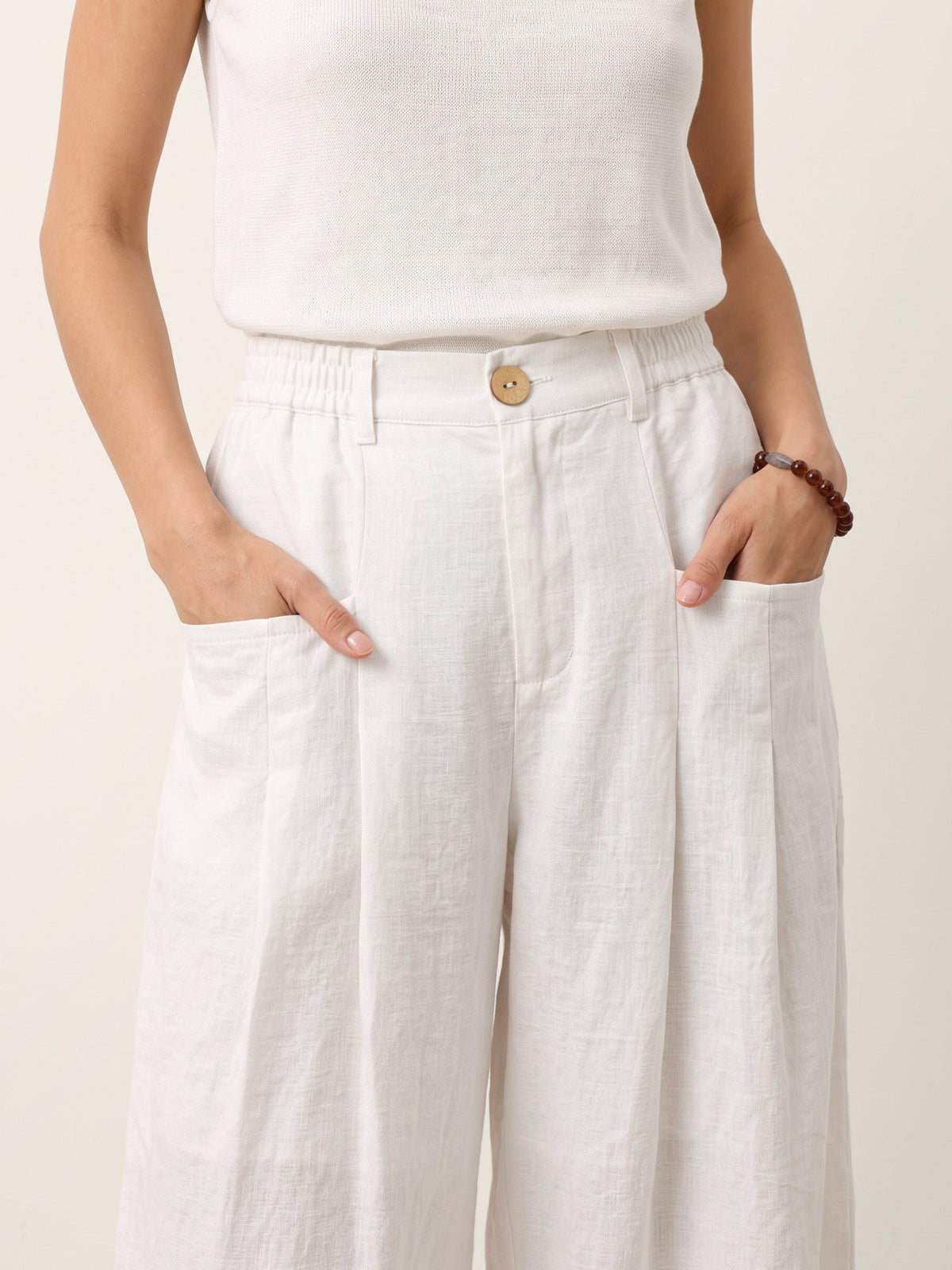 100% Linen Sculpted Pleat Elasticated Back Relaxed Pants VERIDIANA slacks