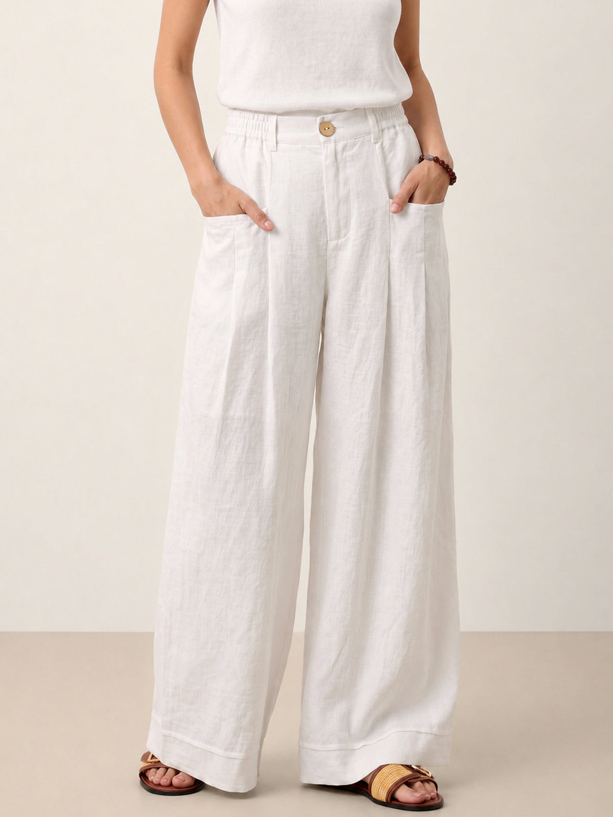 100% Linen Sculpted Pleat Elasticated Back Relaxed Pants VERIDIANA slacks