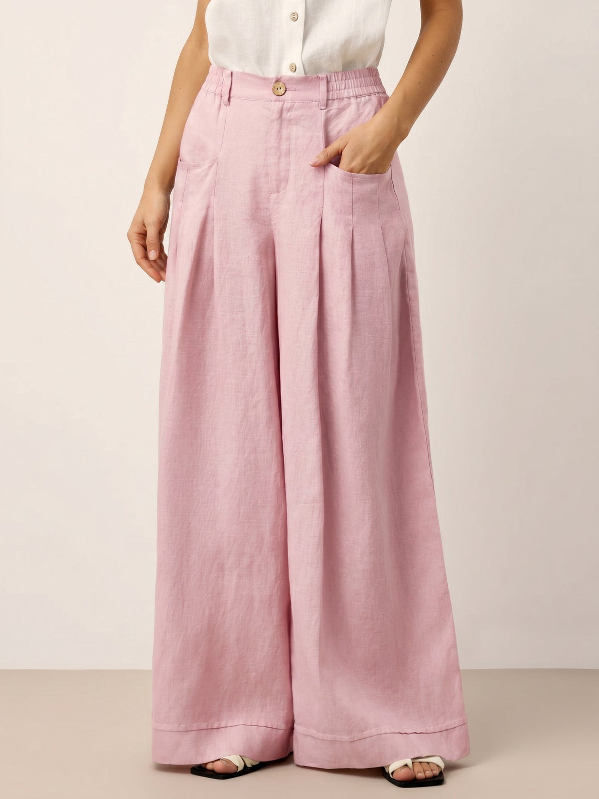 100% Linen Sculpted Pleat Elasticated Back Relaxed Pants VERIDIANA slacks