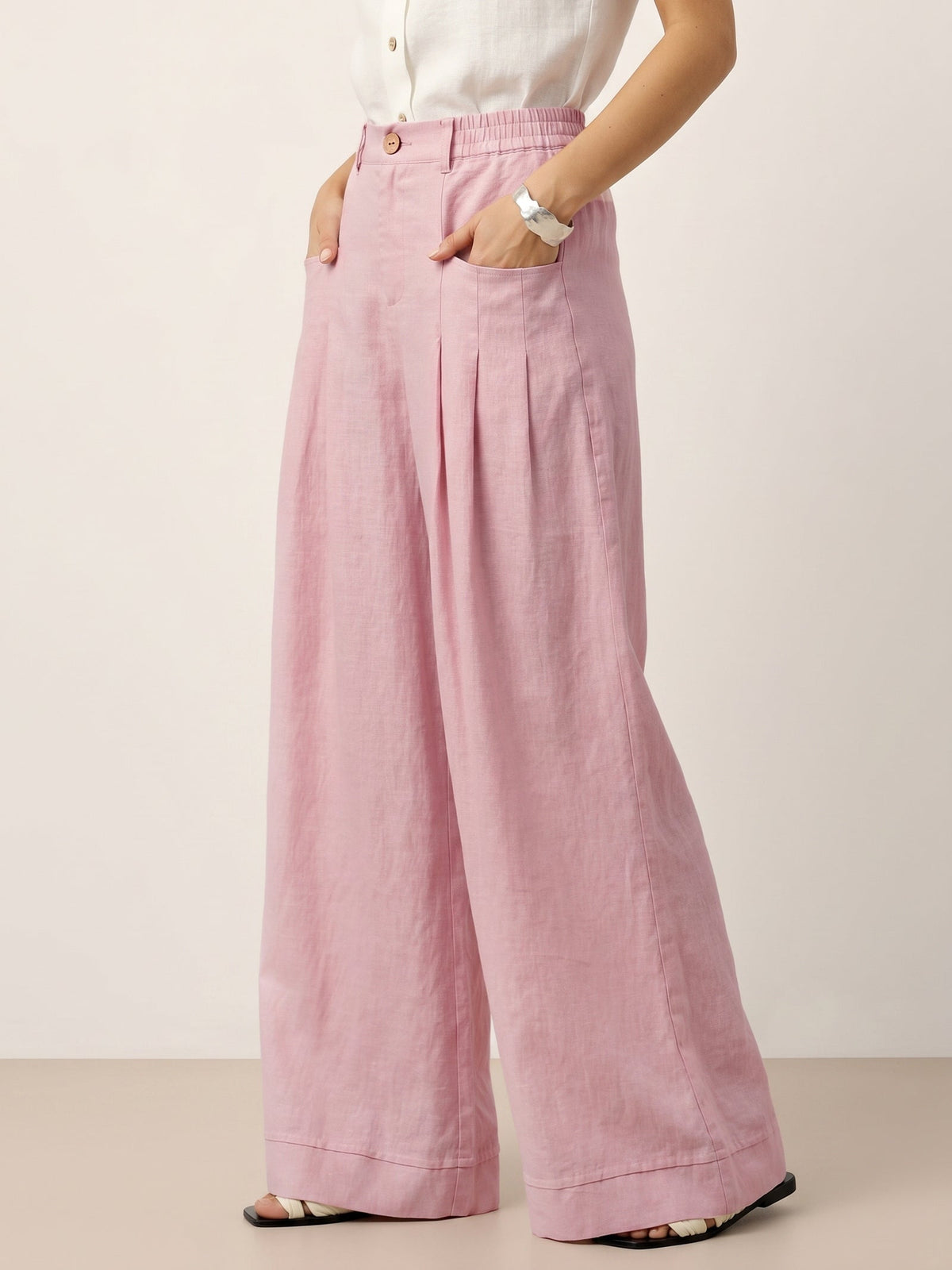 100% Linen Sculpted Pleat Elasticated Back Relaxed Pants VERIDIANA slacks