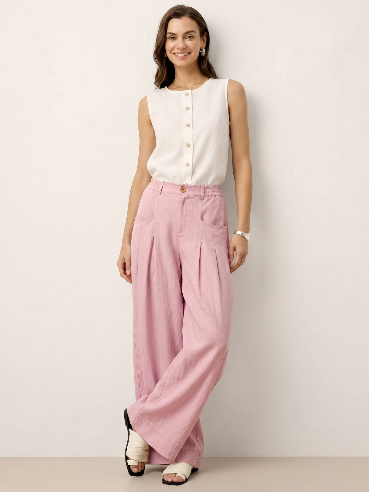 100% Linen Sculpted Pleat Elasticated Back Relaxed Pants VERIDIANA slacks