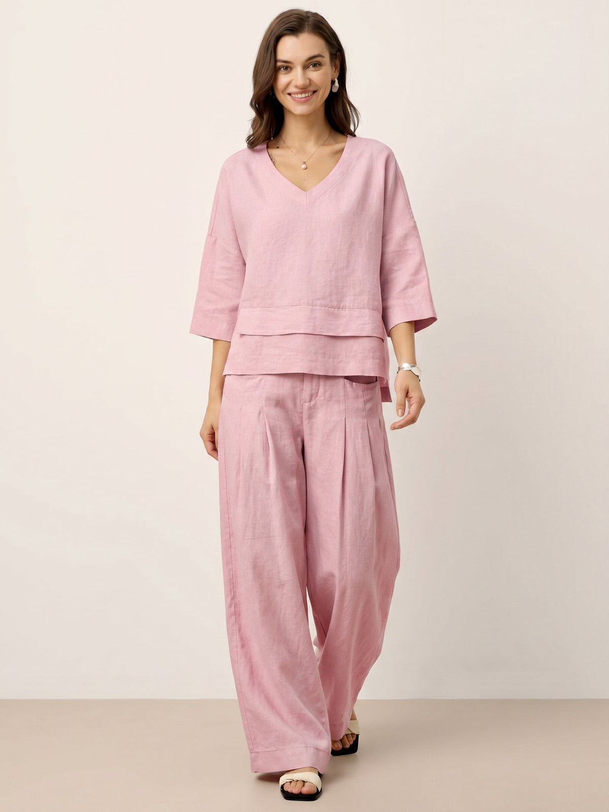 100% Linen Sculpted Pleat Elasticated Back Relaxed Pants VERIDIANA slacks