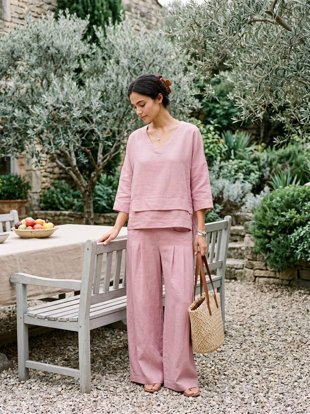 100% Linen Sculpted Pleat Elasticated Back Relaxed Pants VERIDIANA slacks