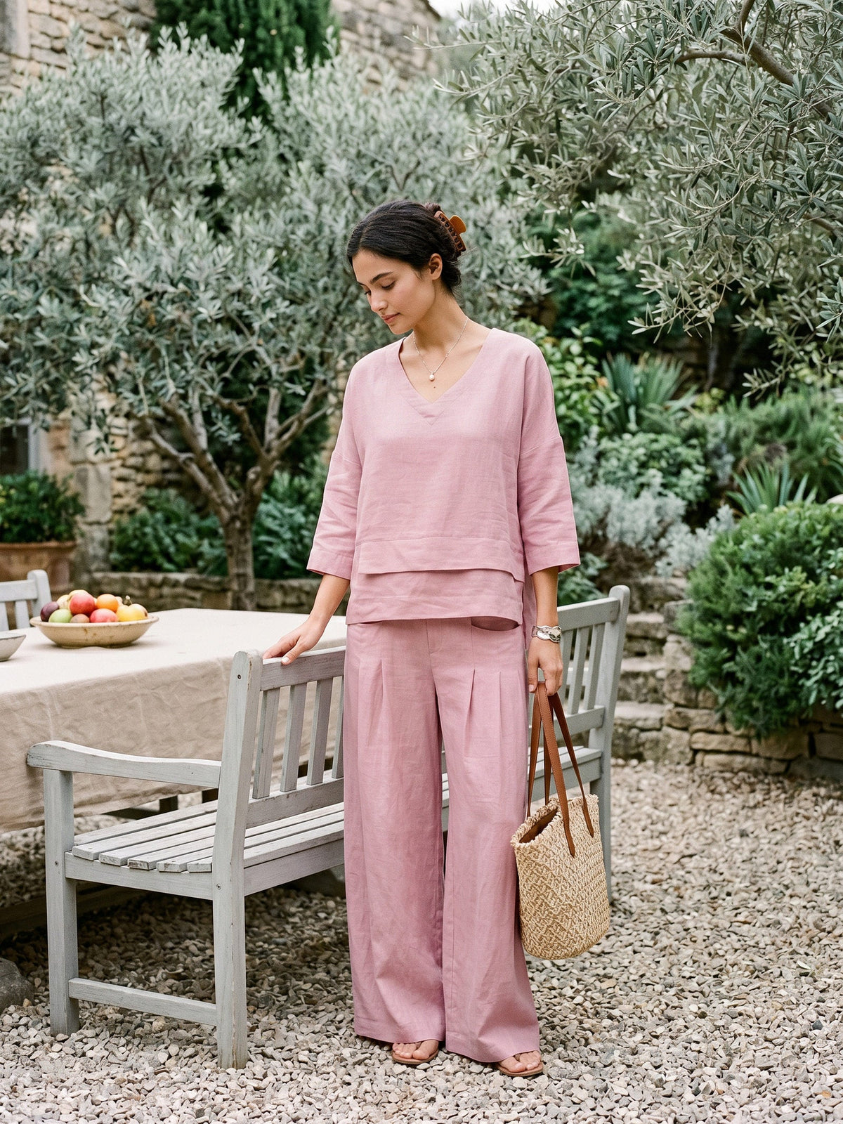 100% Linen Sculpted Pleat Elasticated Back Relaxed Pants VERIDIANA slacks