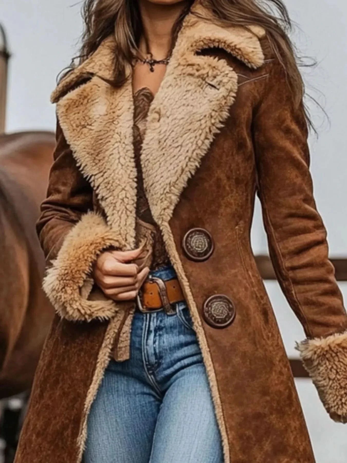 Vintage Faux Fur Trim Longline Coat For Women Regular and Plus