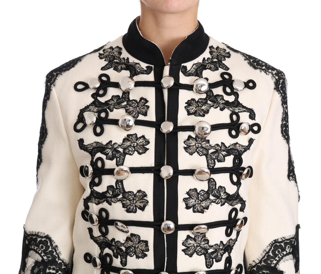 Dolce & Gabbana White Wool Black Floral Baroque Jacket luxury military