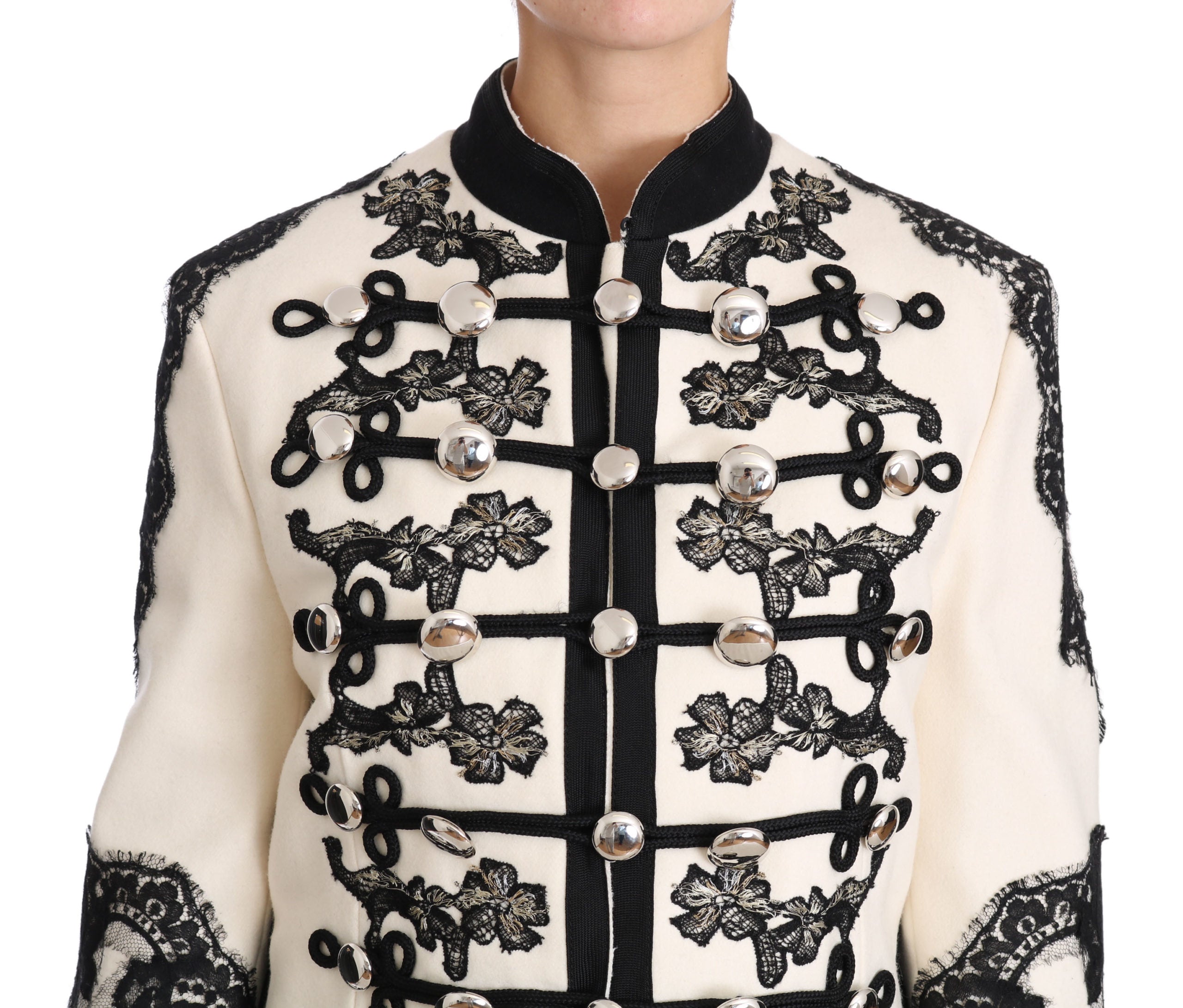 Dolce & Gabbana White Wool Black Floral Baroque Jacket luxury military