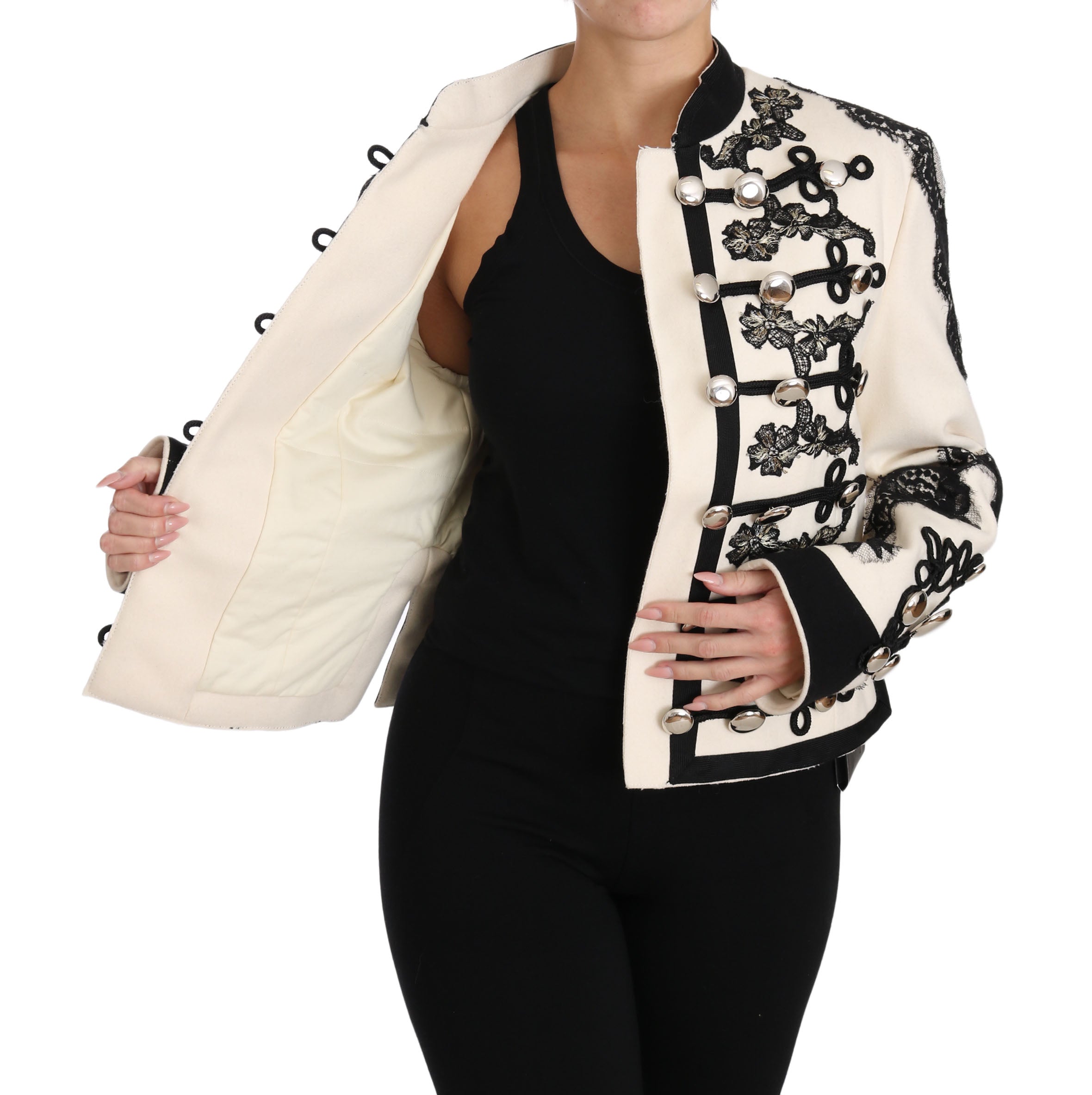 Dolce & Gabbana White Wool Black Floral Baroque Jacket luxury military