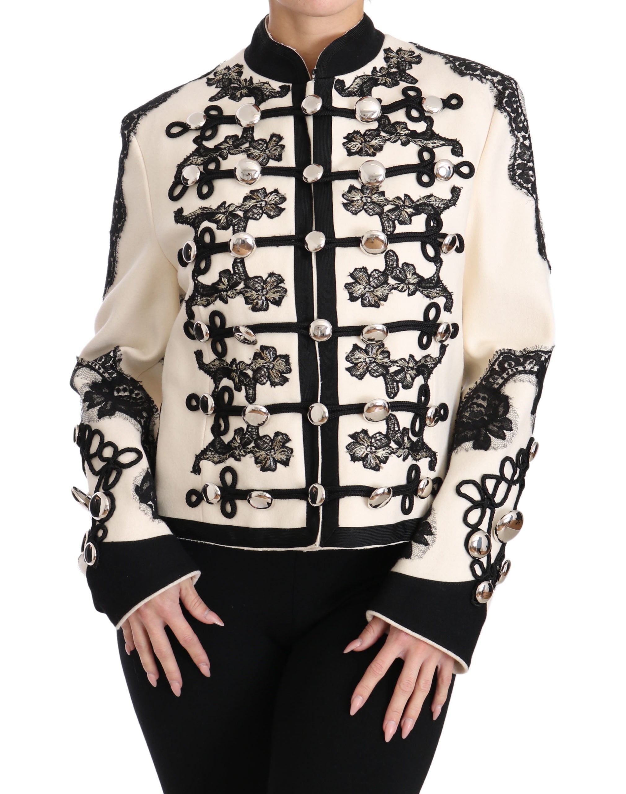 Dolce & Gabbana White Wool Black Floral Baroque Jacket luxury military