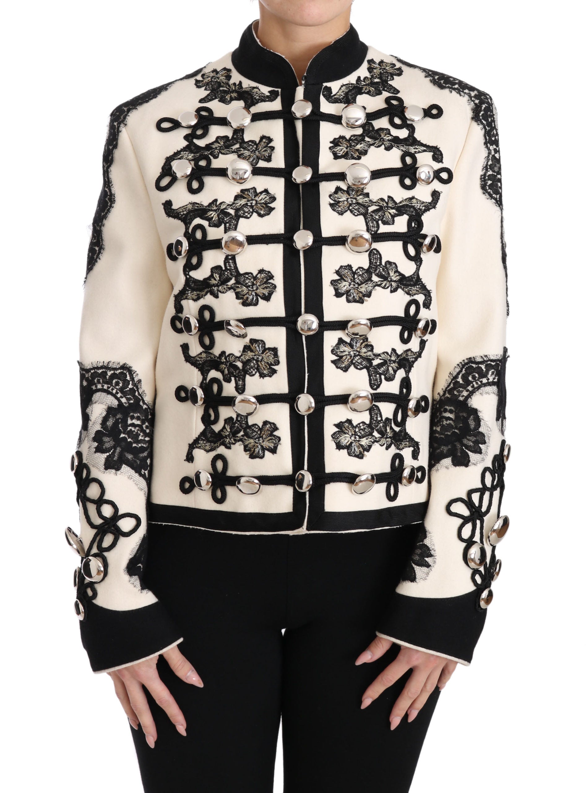 Dolce & Gabbana White Wool Black Floral Baroque Jacket luxury military