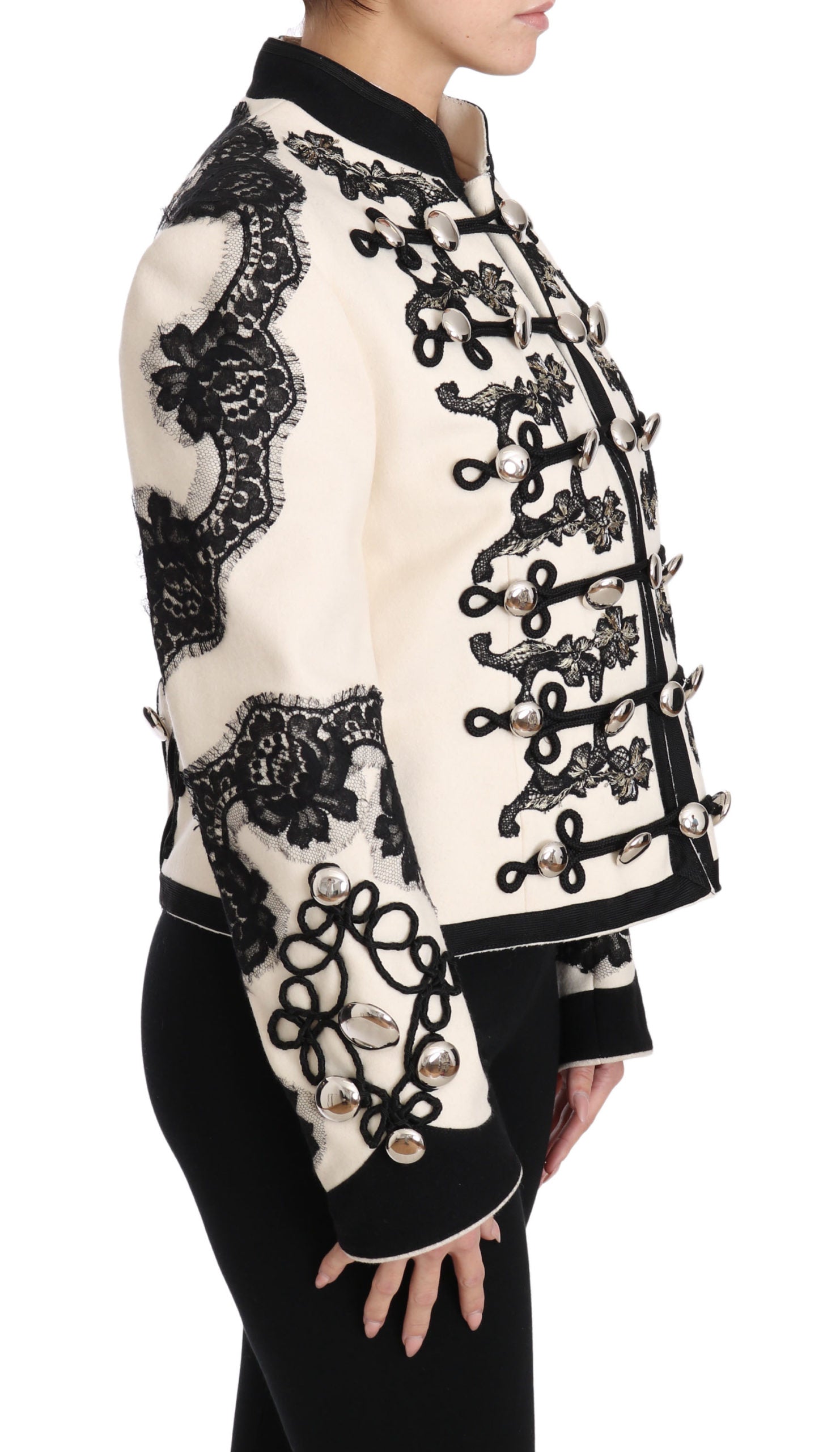 Dolce & Gabbana White Wool Black Floral Baroque Jacket luxury military