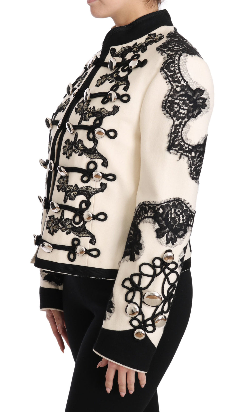 Dolce & Gabbana White Wool Black Floral Baroque Jacket luxury military