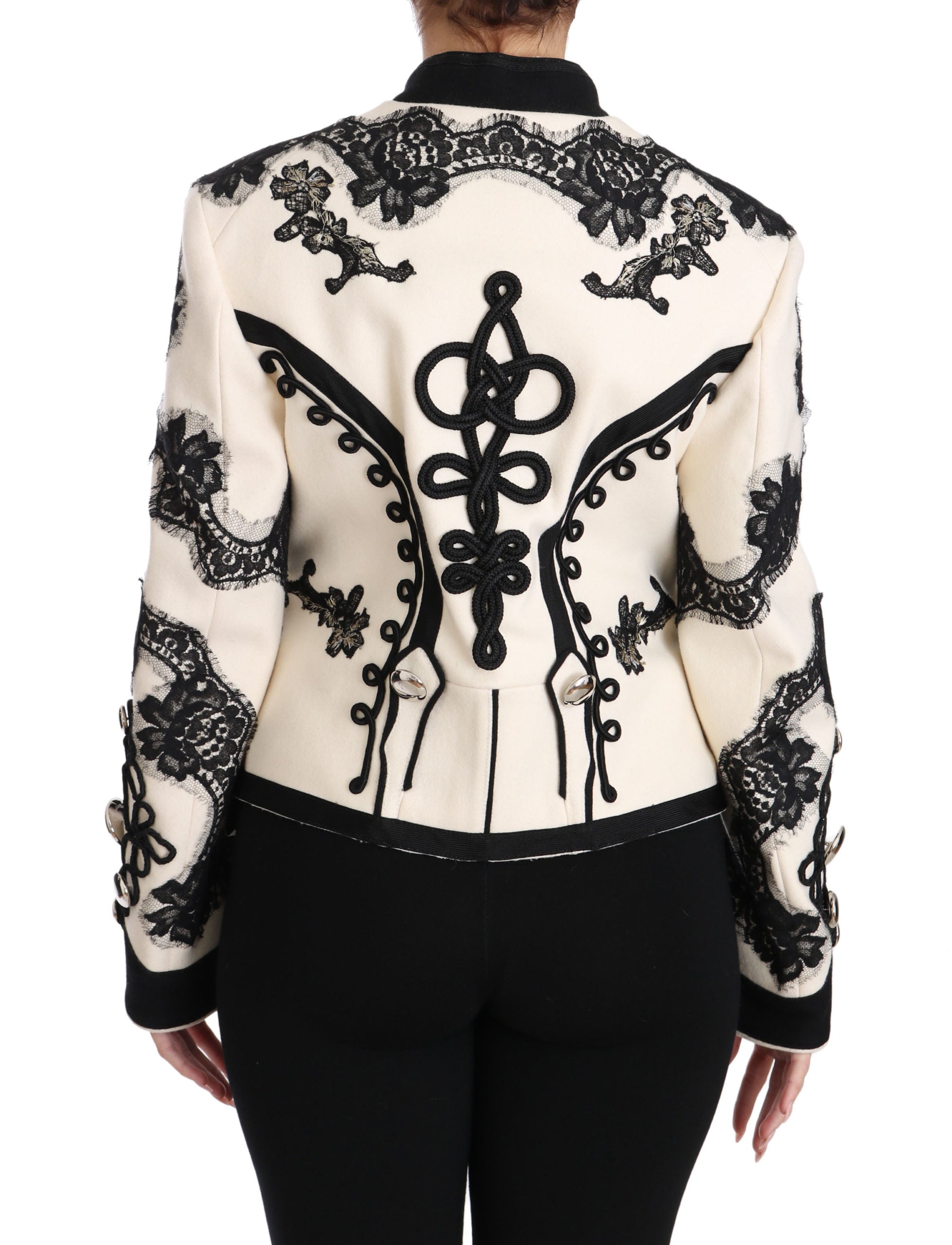 Dolce & Gabbana White Wool Black Floral Baroque Jacket luxury military