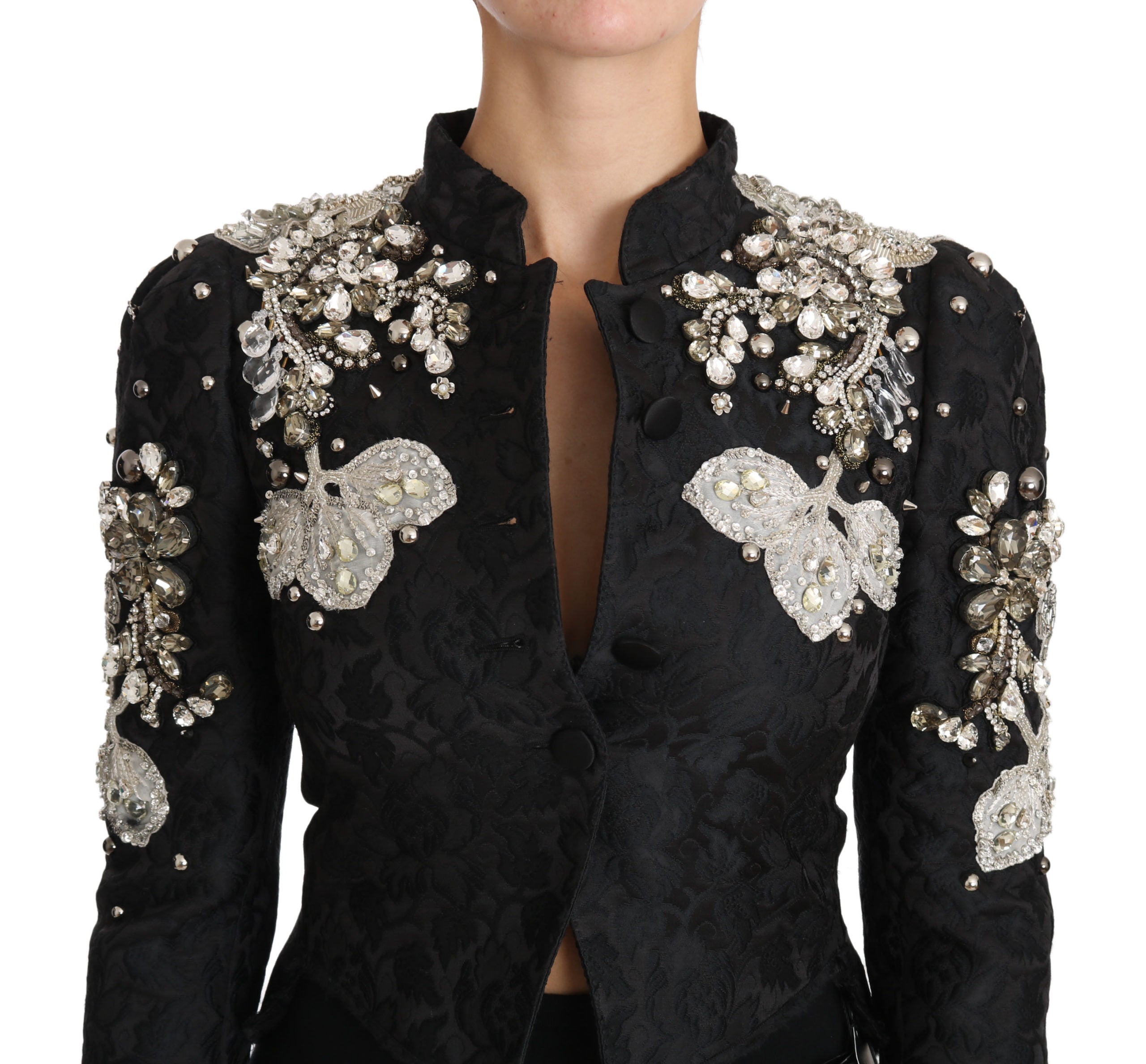 Dolce & Gabbana Black Jacquard Crystal Floral Jacket crystals pearls embellished