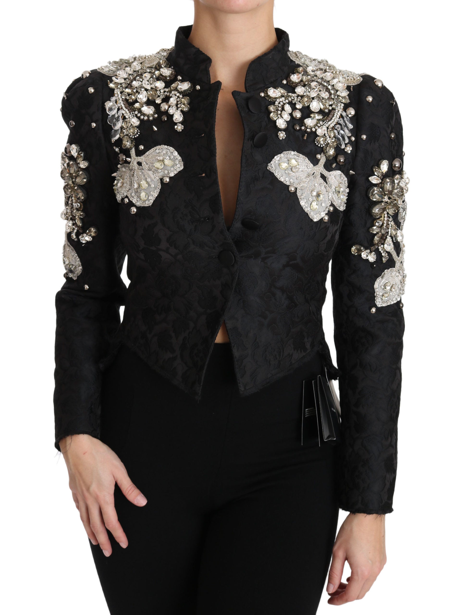 Dolce & Gabbana Black Jacquard Crystal Floral Jacket crystals pearls embellished